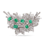 Vintage White Gold Emerald and Diamond Leaf and Ribbon Statement Brooch