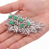 Vintage White Gold Emerald and Diamond Leaf and Ribbon Statement Brooch