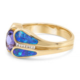 14k Yellow Gold Dark Opal Inlay Diamond and Tanzanite Ring