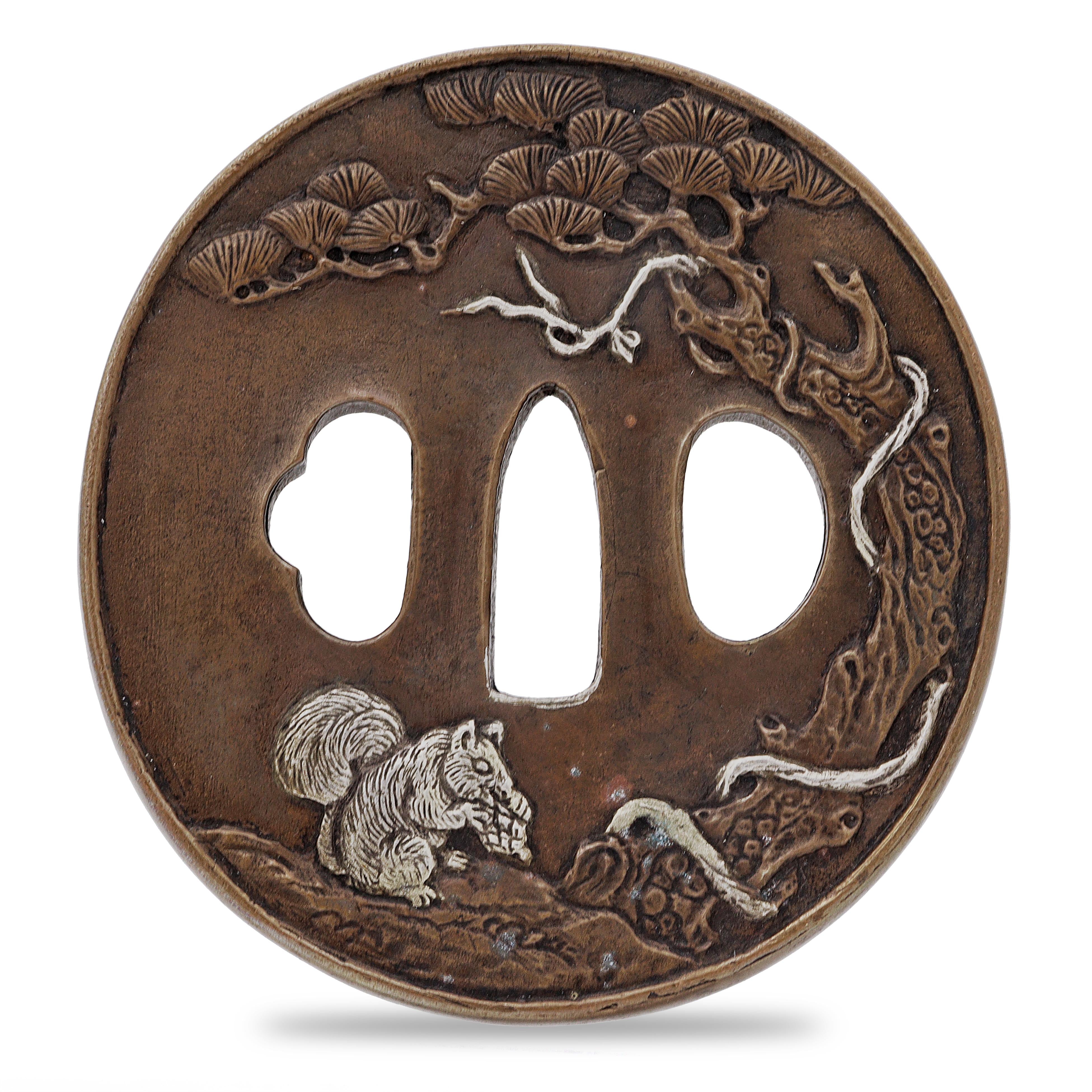 Sword Guard Tsuba Brass Squirrel Pine Tree