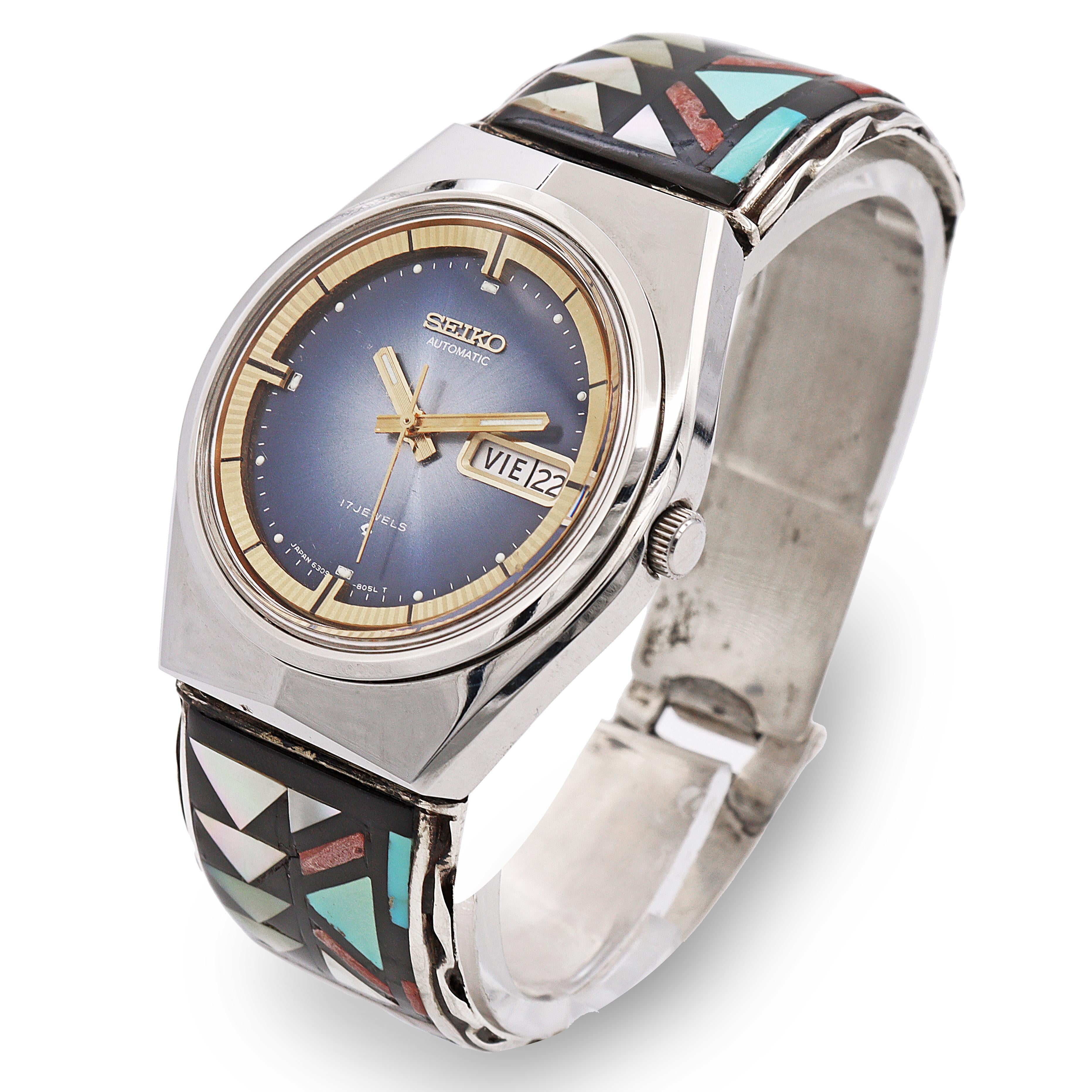 Vintage Seiko Automatic Watch w/ Native-Style Inlaid Zuni Watch Band 6309-8059