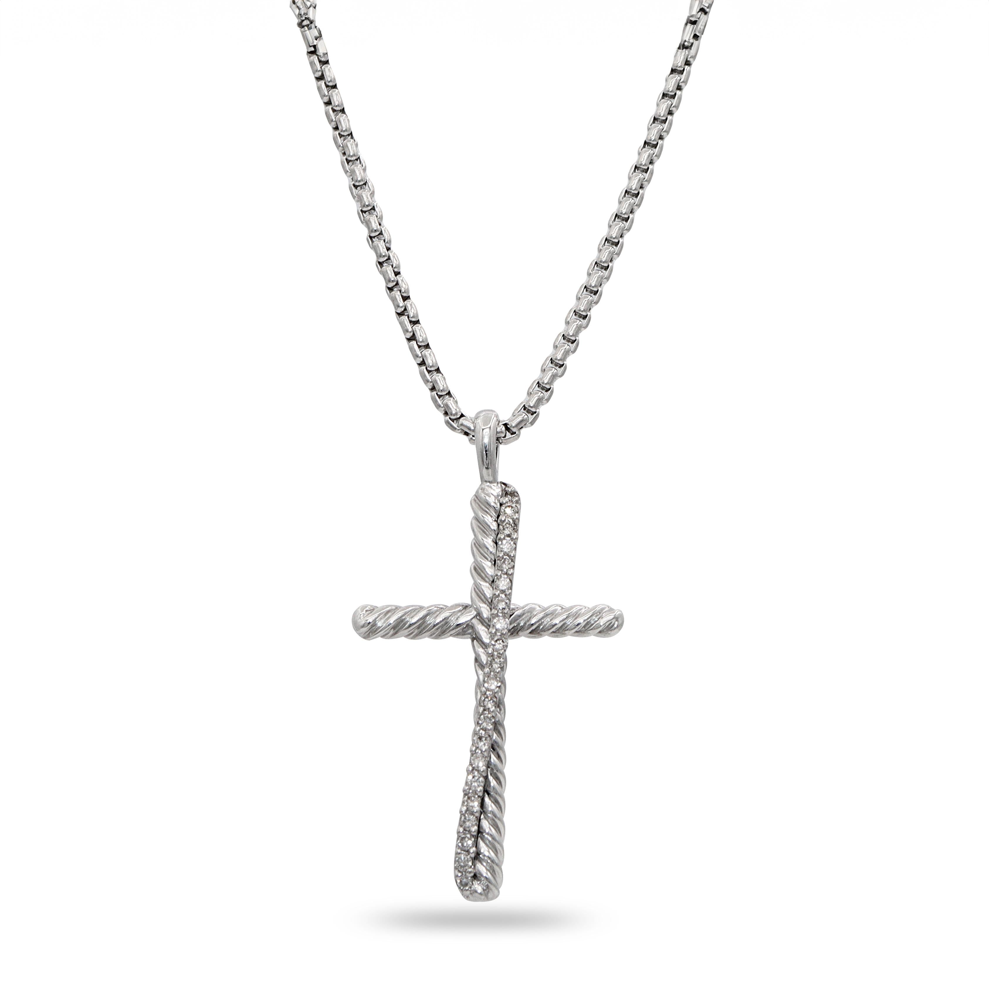 David Yurman Sterling Silver Diamond Cross Pendant Necklace