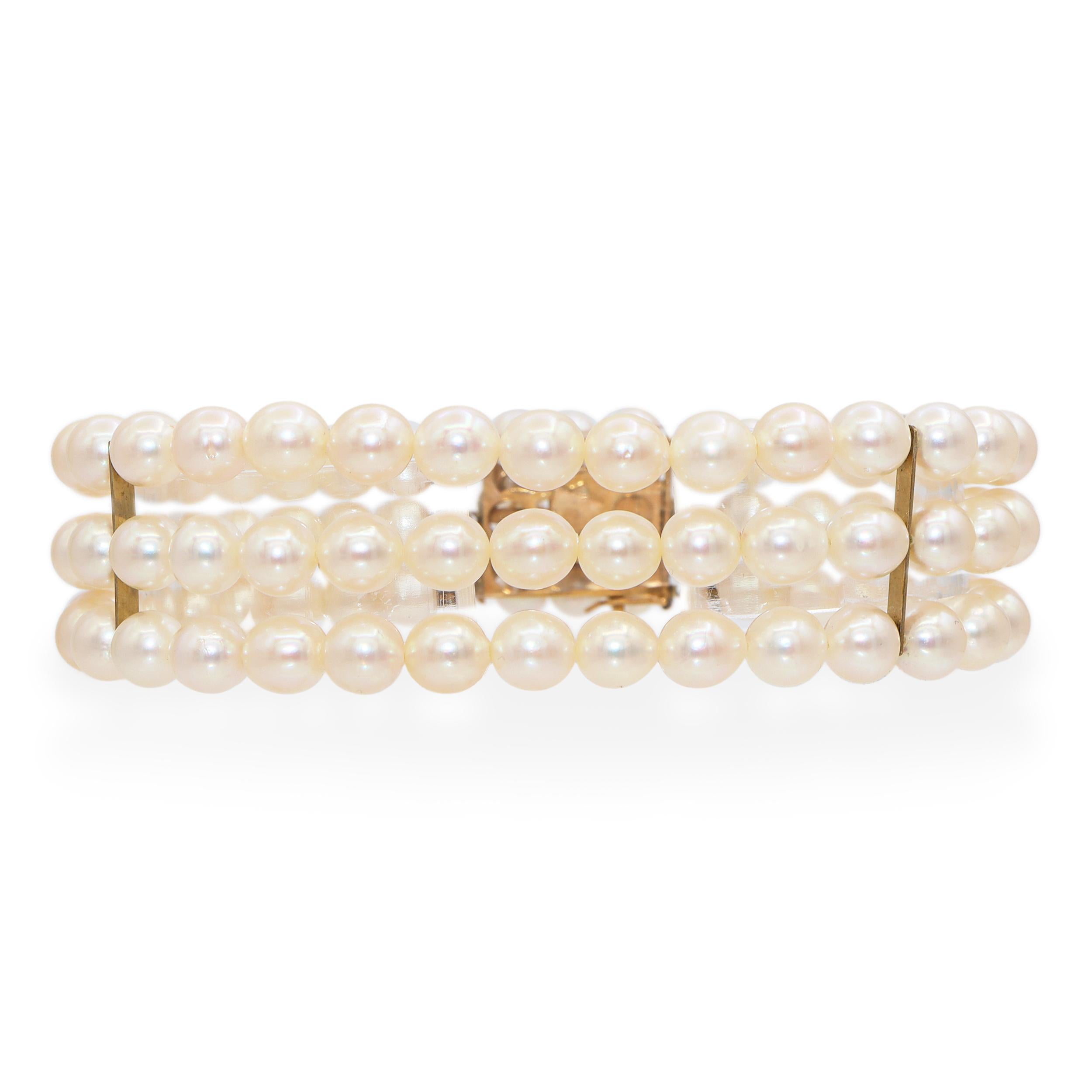 Vintage Yellow Gold Multi Strand Akoya Pearl Bracelet