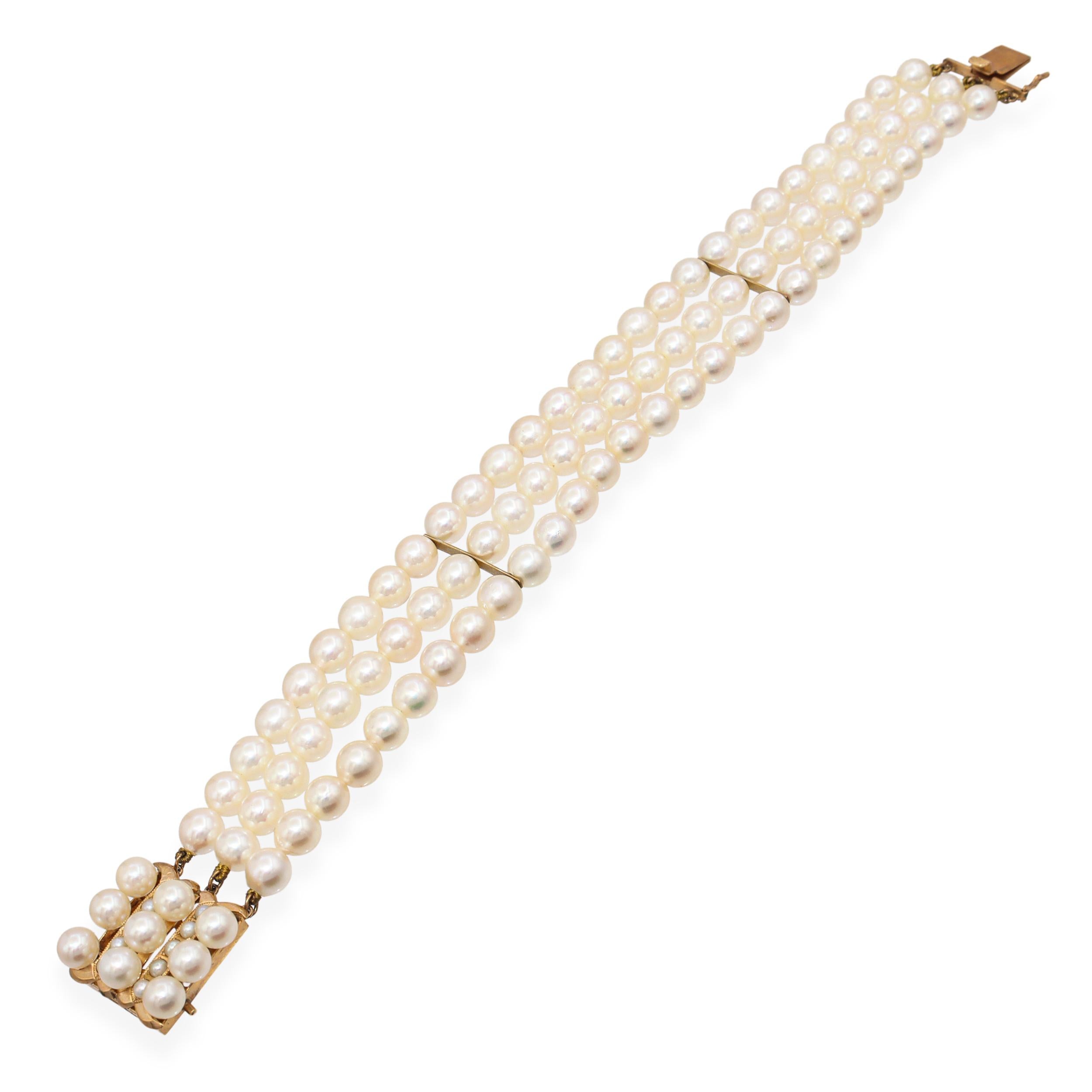 Vintage Yellow Gold Multi Strand Akoya Pearl Bracelet