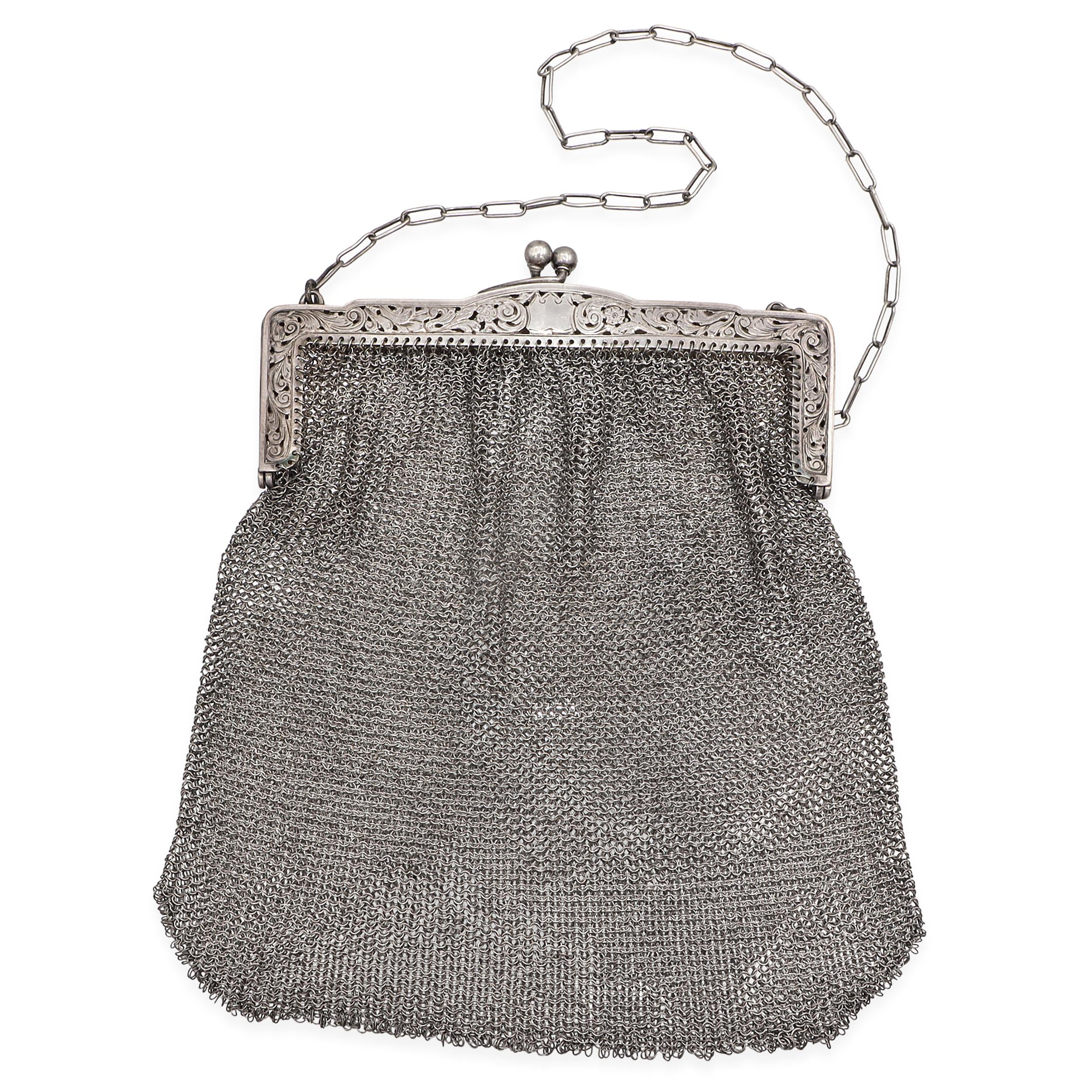Antique Victorian Sterling Silver Floral Kiss Lock Evening Bag