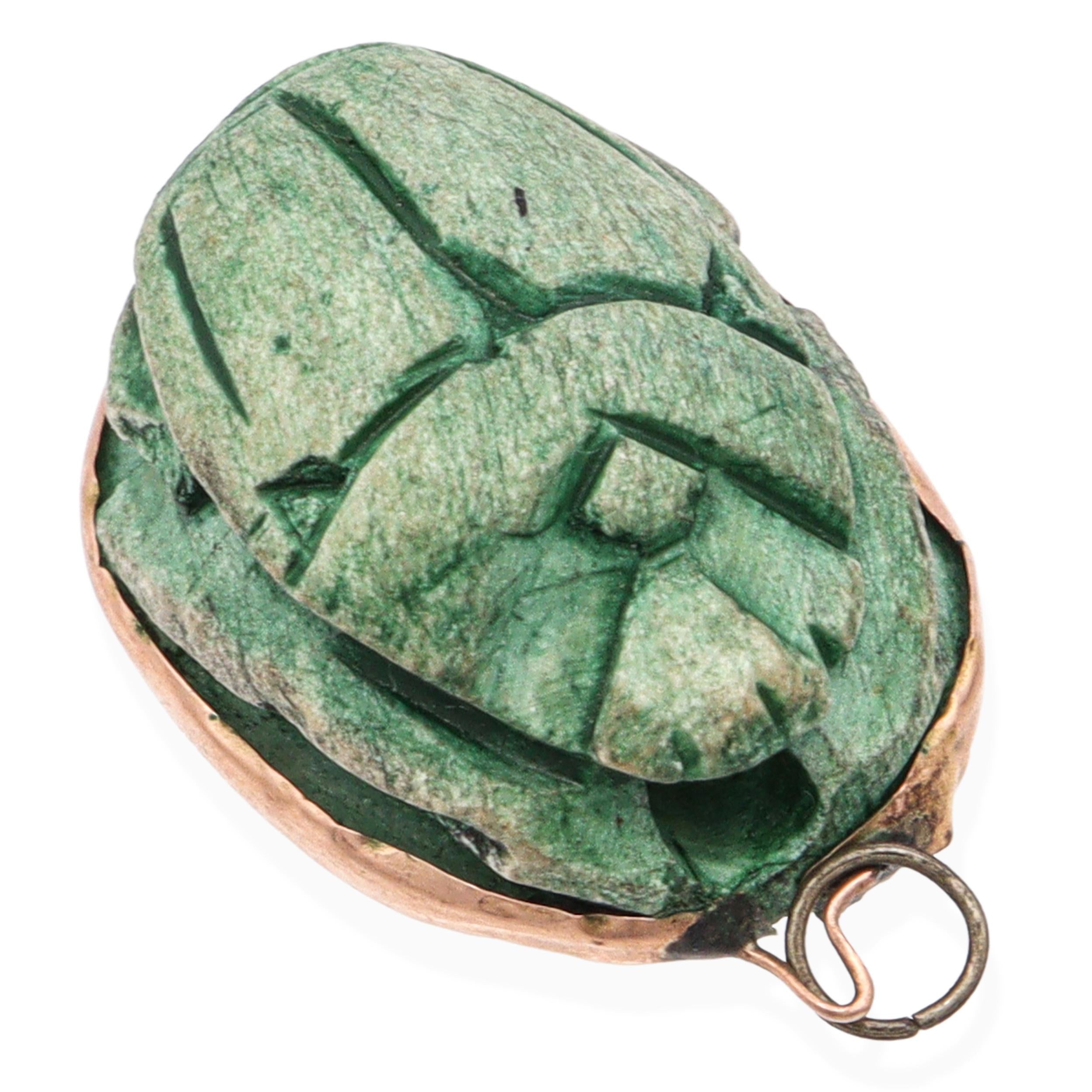 Vintage 12K Gold Mounted Green Faience Egyptian Scarab Pendant