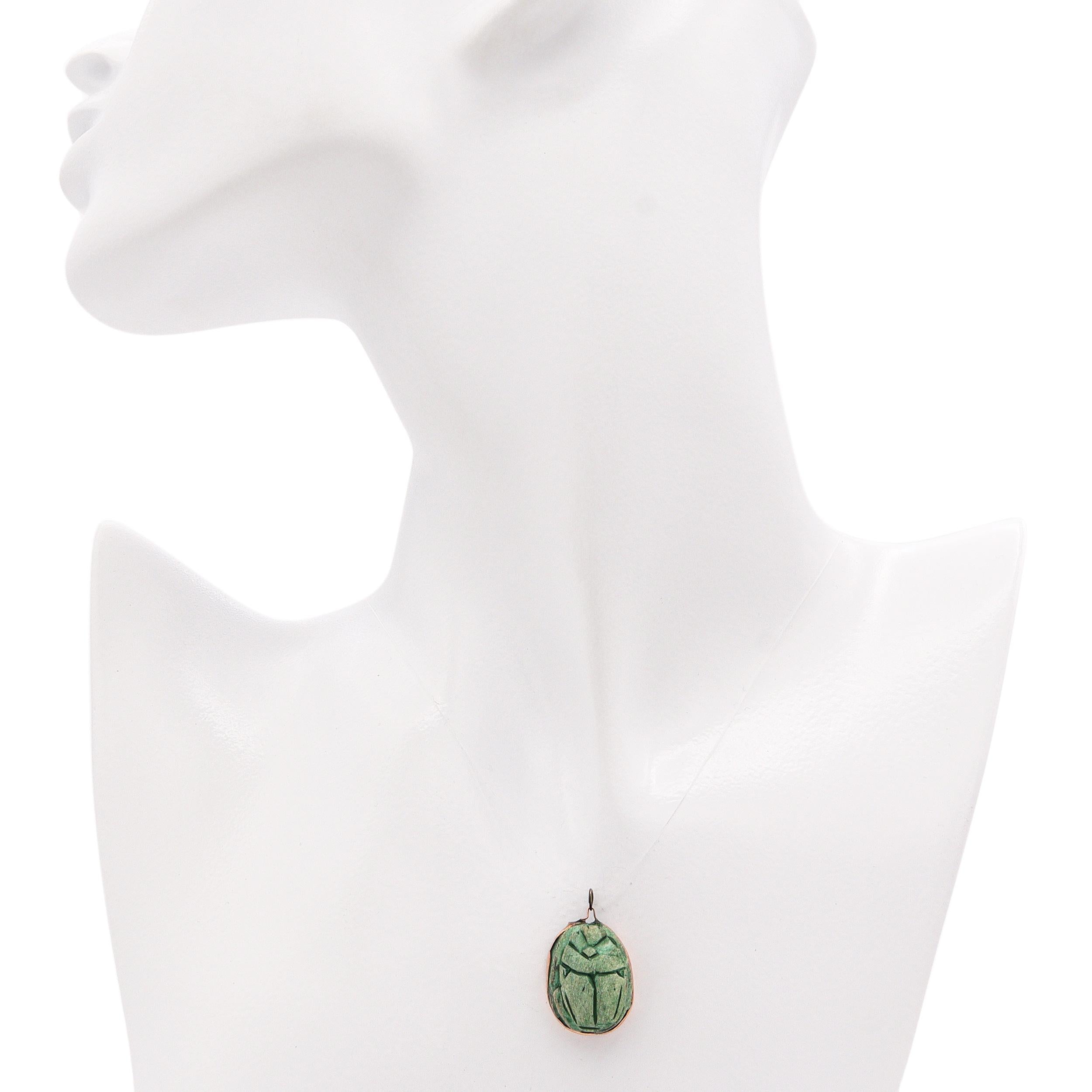 Vintage 12K Gold Mounted Green Faience Egyptian Scarab Pendant