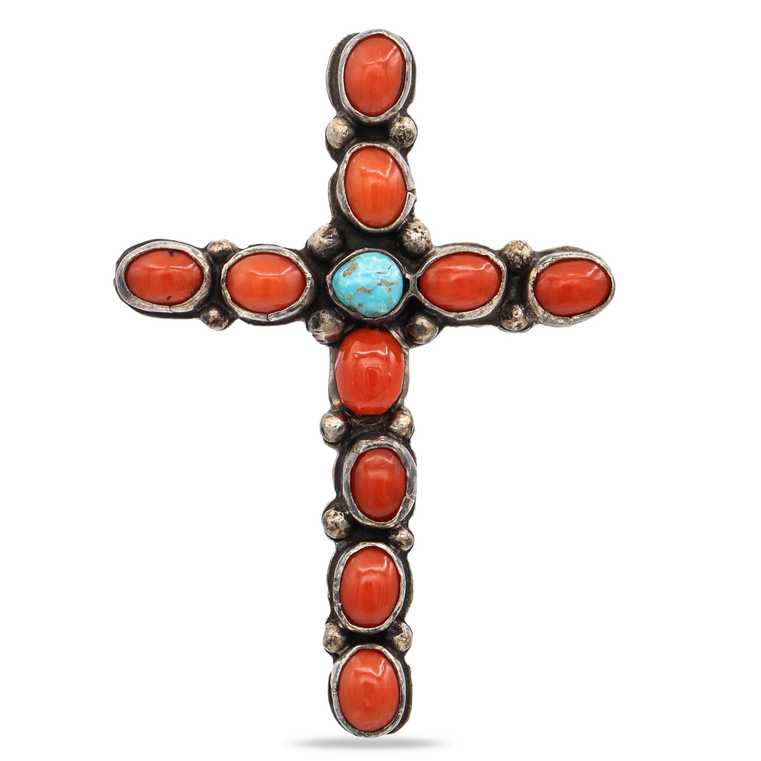 Vintage Native American Sterling Silver Coral and Turquoise Cross Pendant