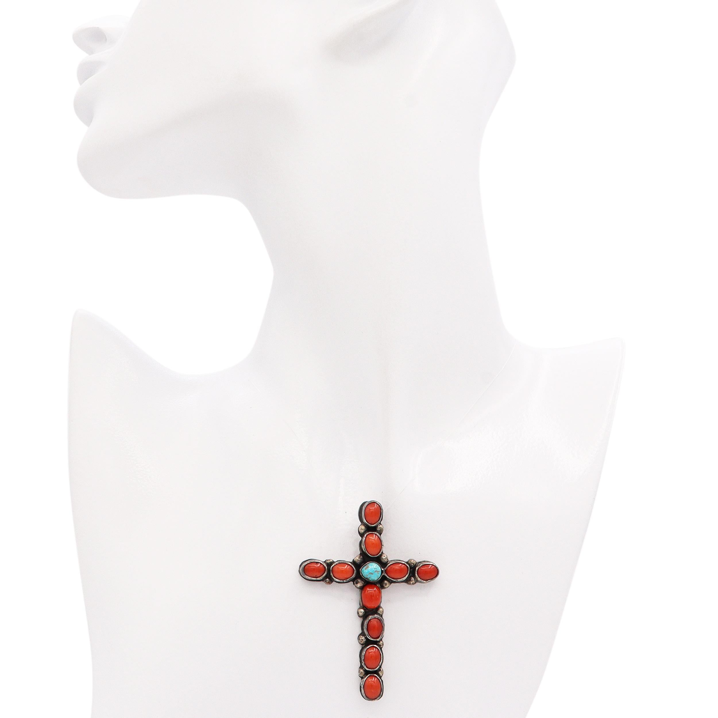 Vintage Native American Sterling Silver Coral and Turquoise Cross Pendant