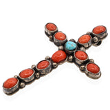 Vintage Native American Sterling Silver Coral and Turquoise Cross Pendant