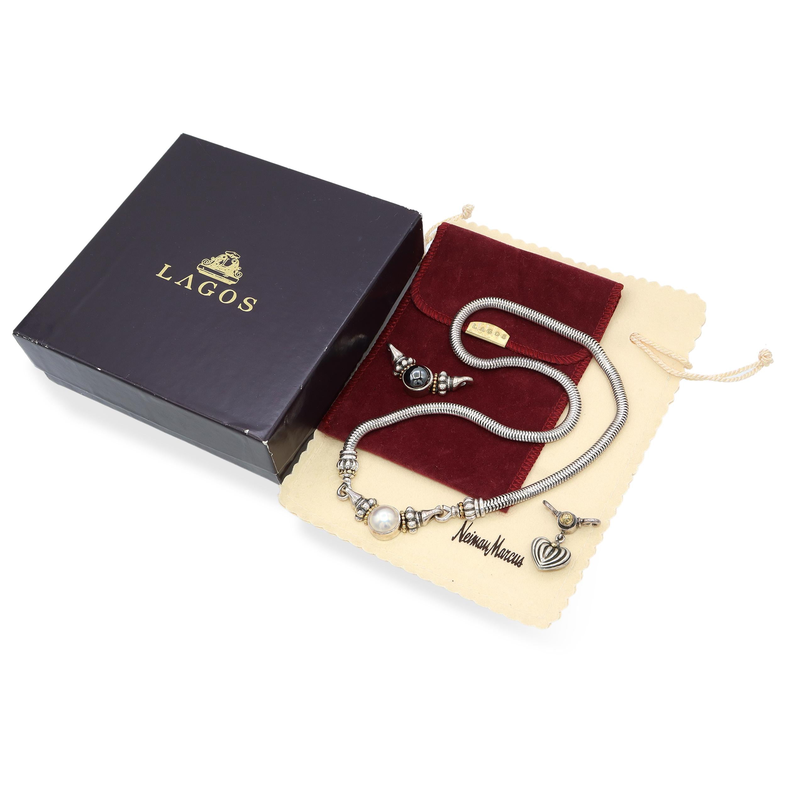 Lagos Caviar Sterling Silver 18K Gold Hematite & Pearl Interchangeable Necklace