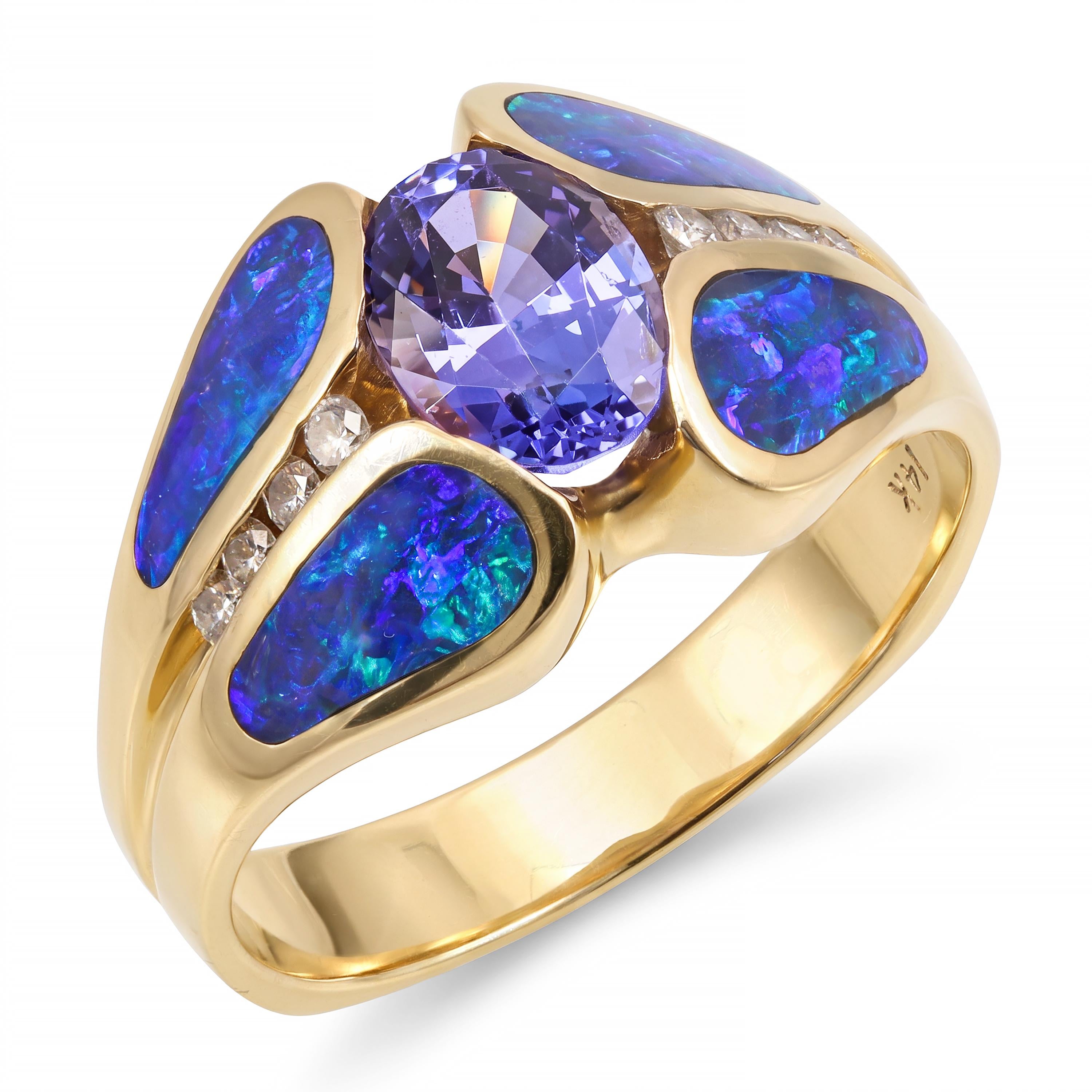 14k Yellow Gold Dark Opal Inlay Diamond and Tanzanite Ring