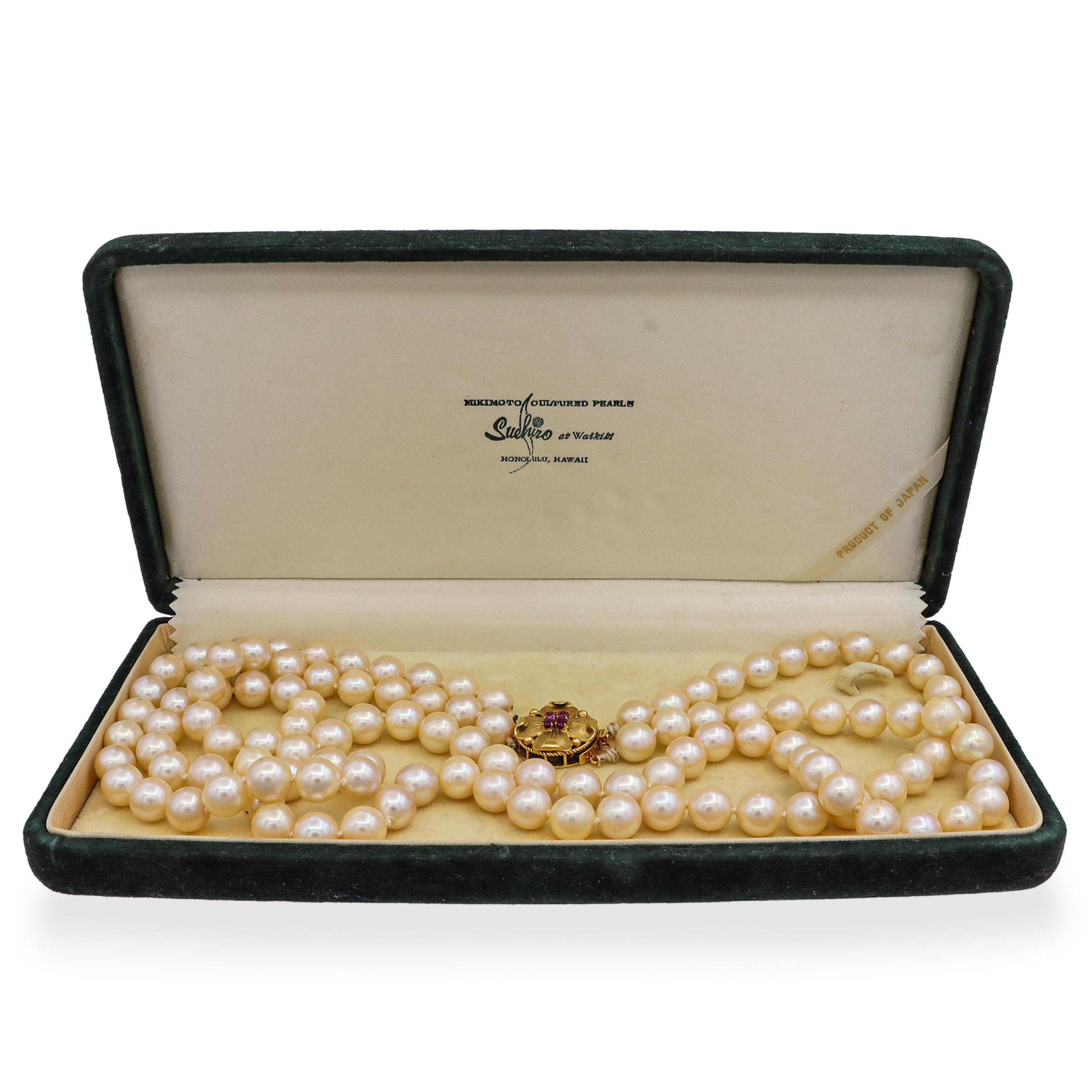 Vintage 14k Yellow Gold Multi Strand Pearl and Ruby Floral Clasp Necklace