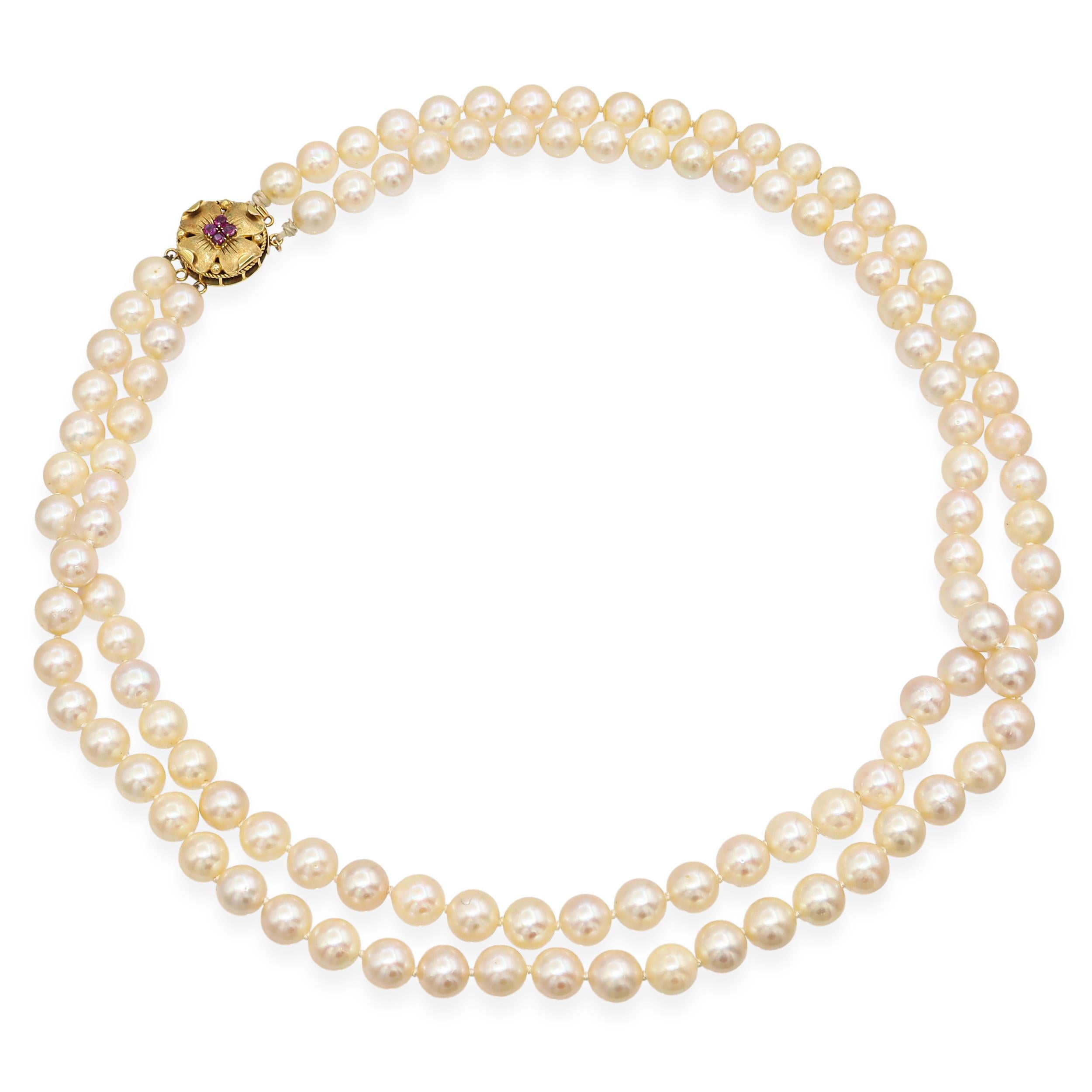 Vintage 14k Yellow Gold Multi Strand Pearl and Ruby Floral Clasp Necklace