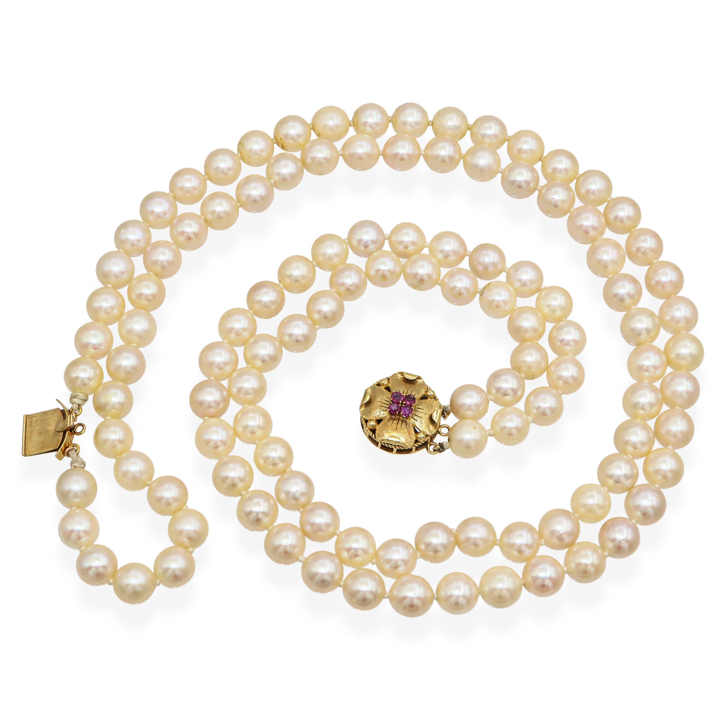 Vintage 14k Yellow Gold Multi Strand Pearl and Ruby Floral Clasp Necklace