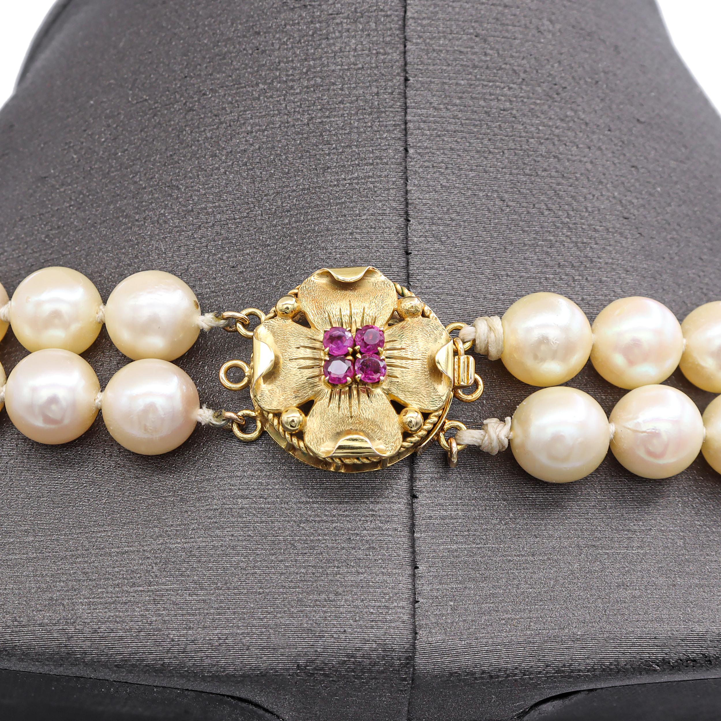 Vintage 14k Yellow Gold Multi Strand Pearl and Ruby Floral Clasp Necklace