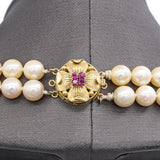 Vintage 14k Yellow Gold Multi Strand Pearl and Ruby Floral Clasp Necklace