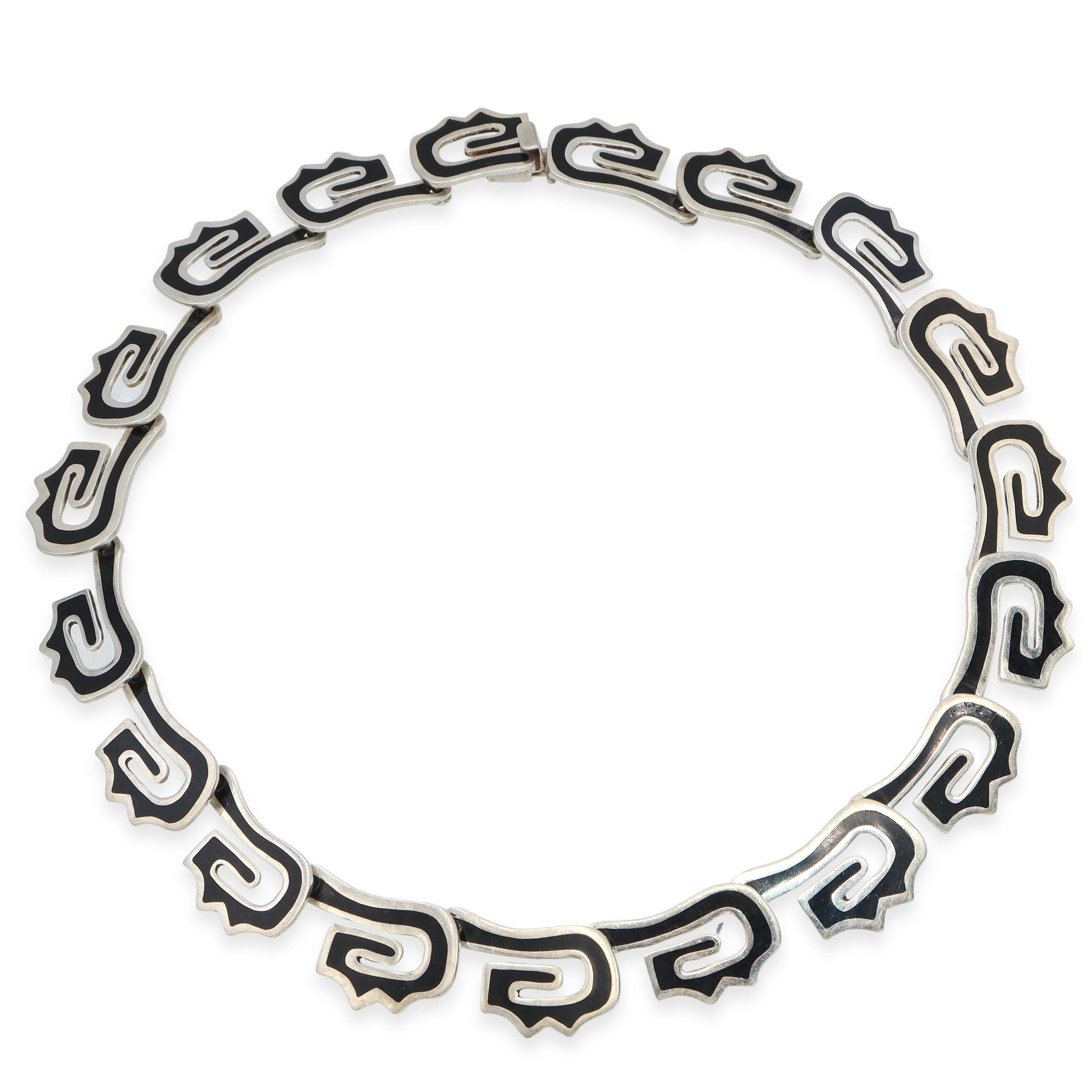 RQH Signed Taxco Mexico Sterling Silver Black Enamel Necklace & Bracelet Set