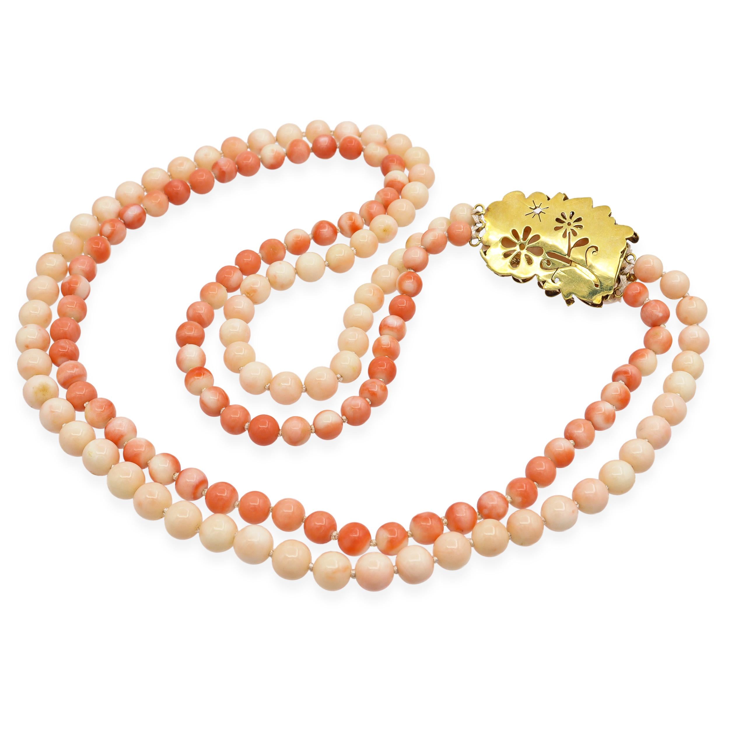 Antique Victorian 9k Yellow Gold Carved & Beaded Multi Strand Coral Necklace