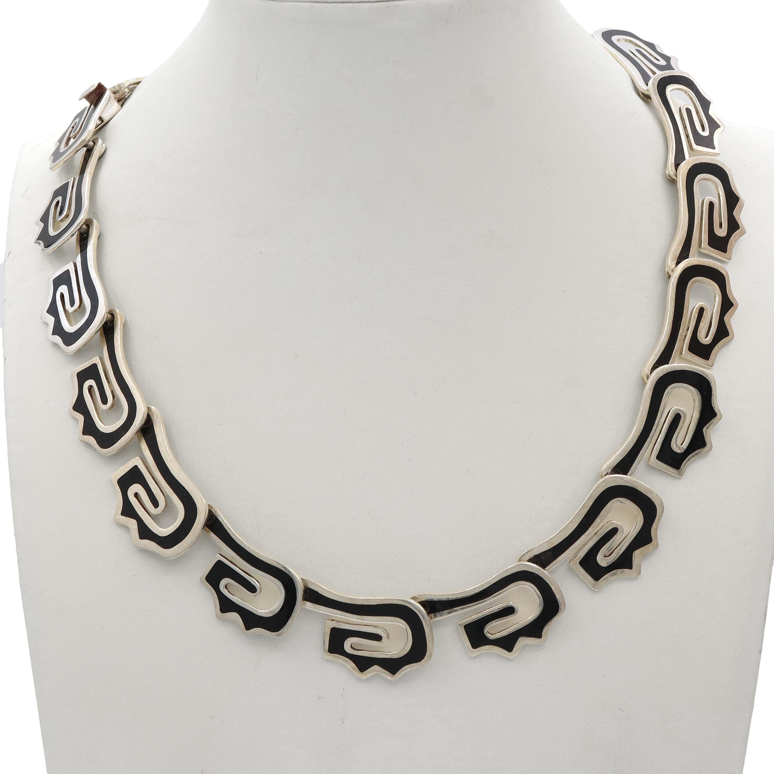 RQH Signed Taxco Mexico Sterling Silver Black Enamel Necklace & Bracelet Set