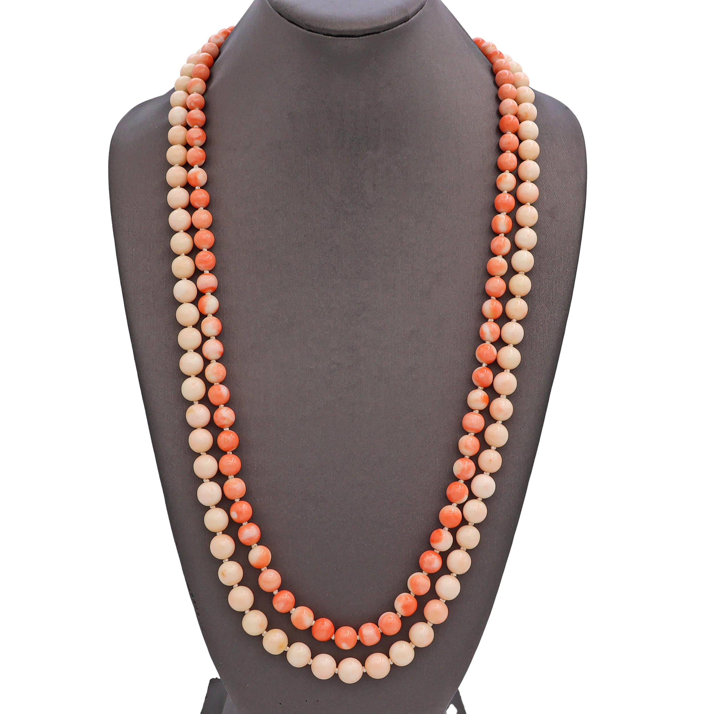 Antique Victorian 9k Yellow Gold Carved & Beaded Multi Strand Coral Necklace