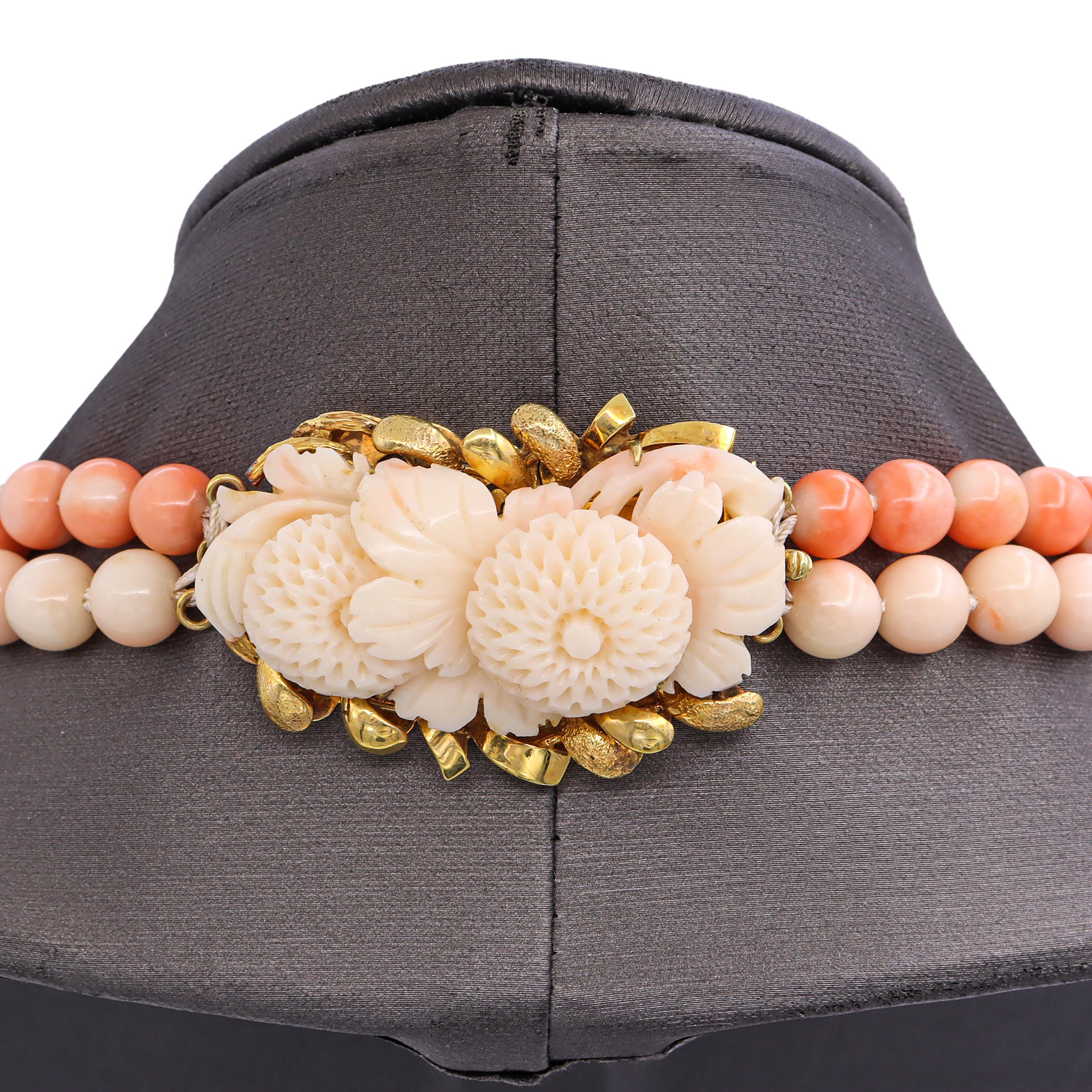 Antique Victorian 9k Yellow Gold Carved & Beaded Multi Strand Coral Necklace