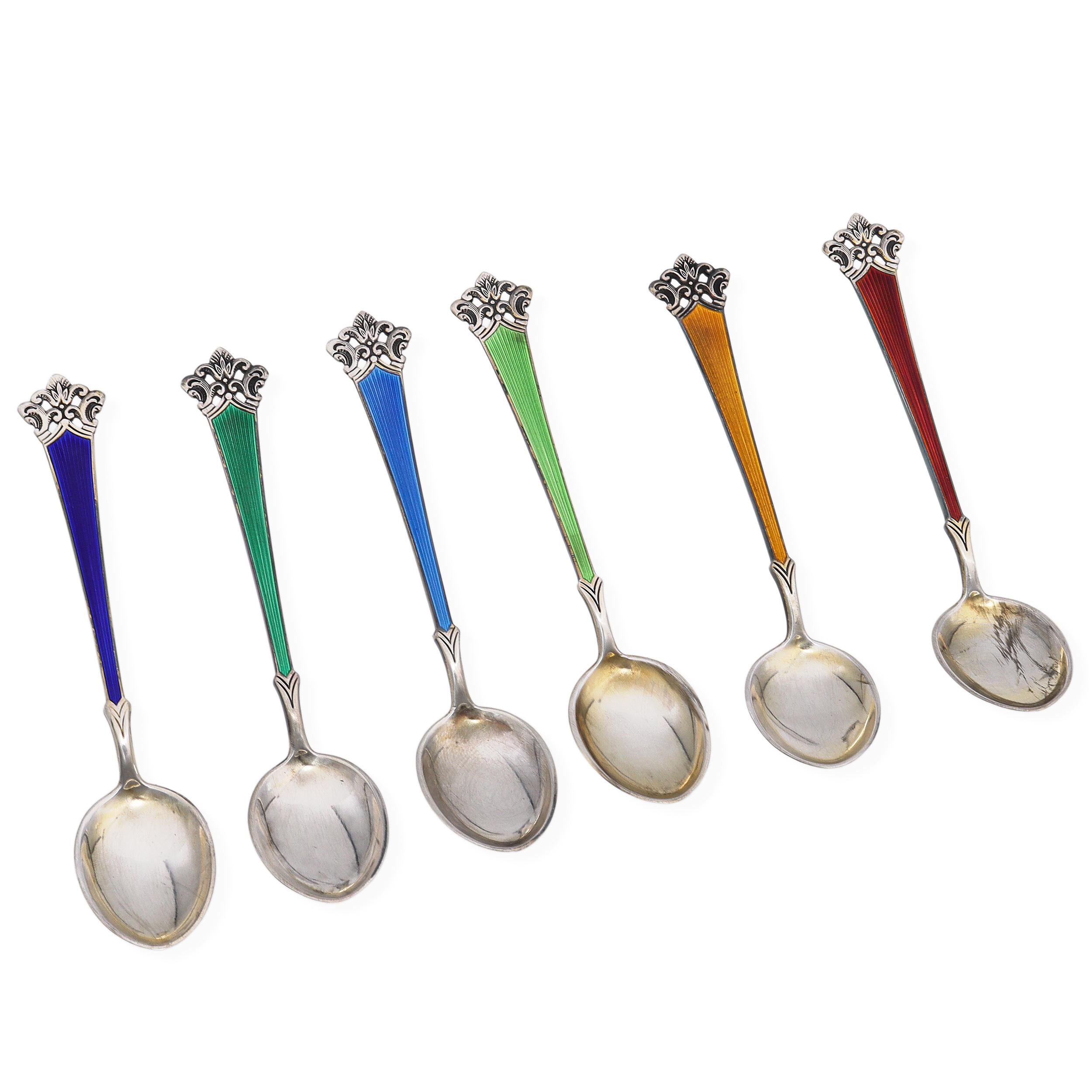 Set of 6 Nils Møller Norway Sterling Silver Guilloché Enamel Demitasse Spoons