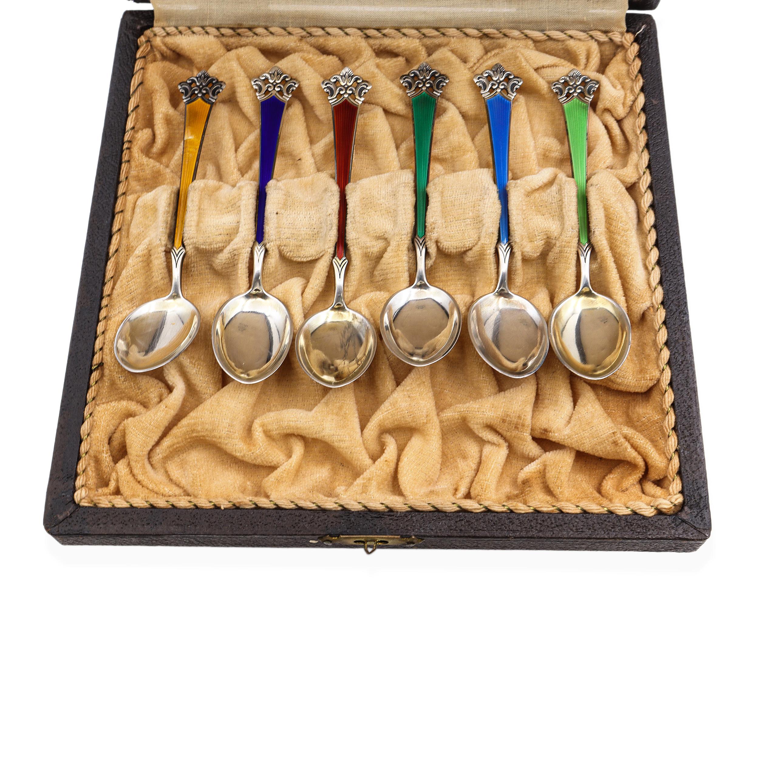 Set of 6 Nils Møller Norway Sterling Silver Guilloché Enamel Demitasse Spoons