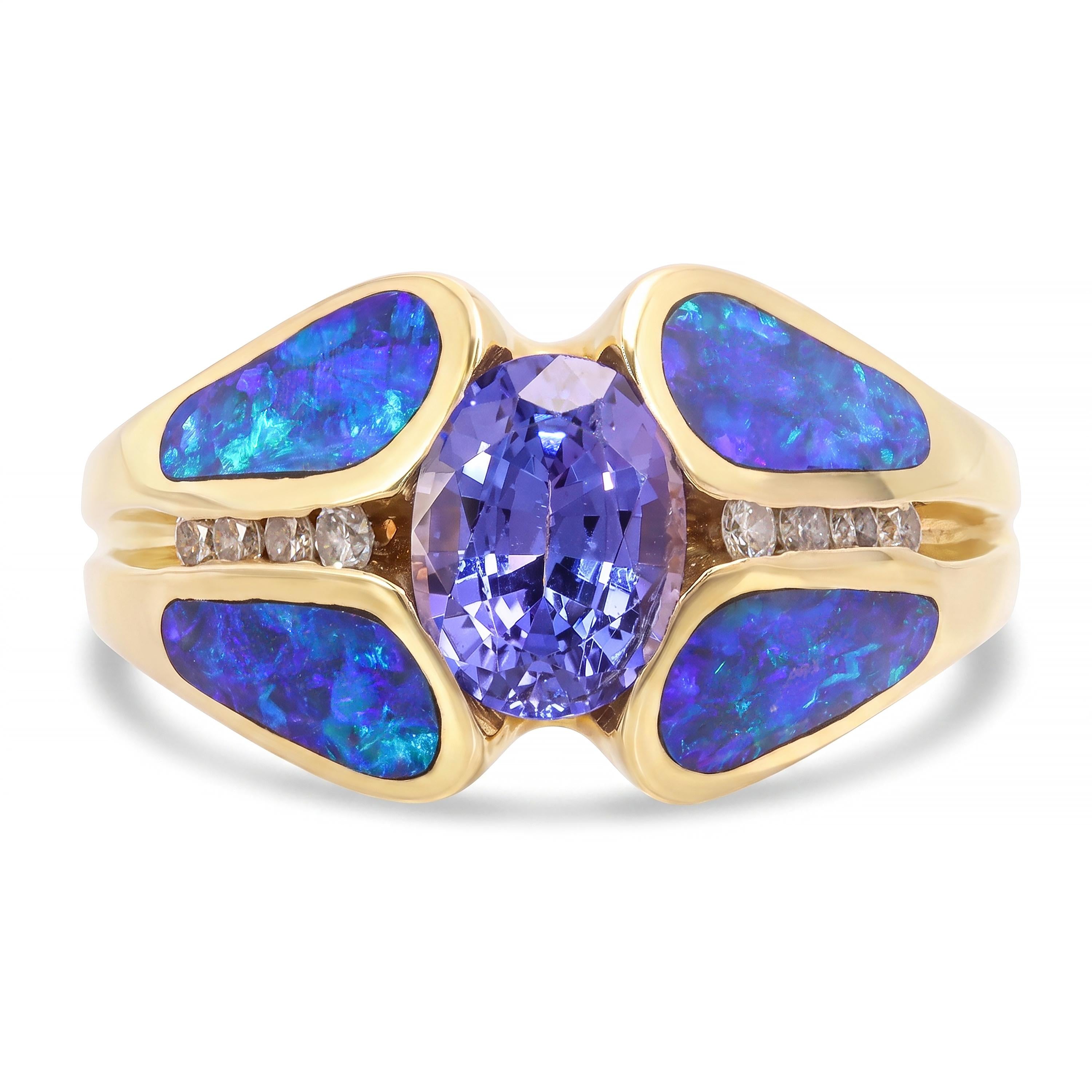 14k Yellow Gold Dark Opal Inlay Diamond and Tanzanite Ring