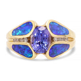 14k Yellow Gold Dark Opal Inlay Diamond and Tanzanite Ring