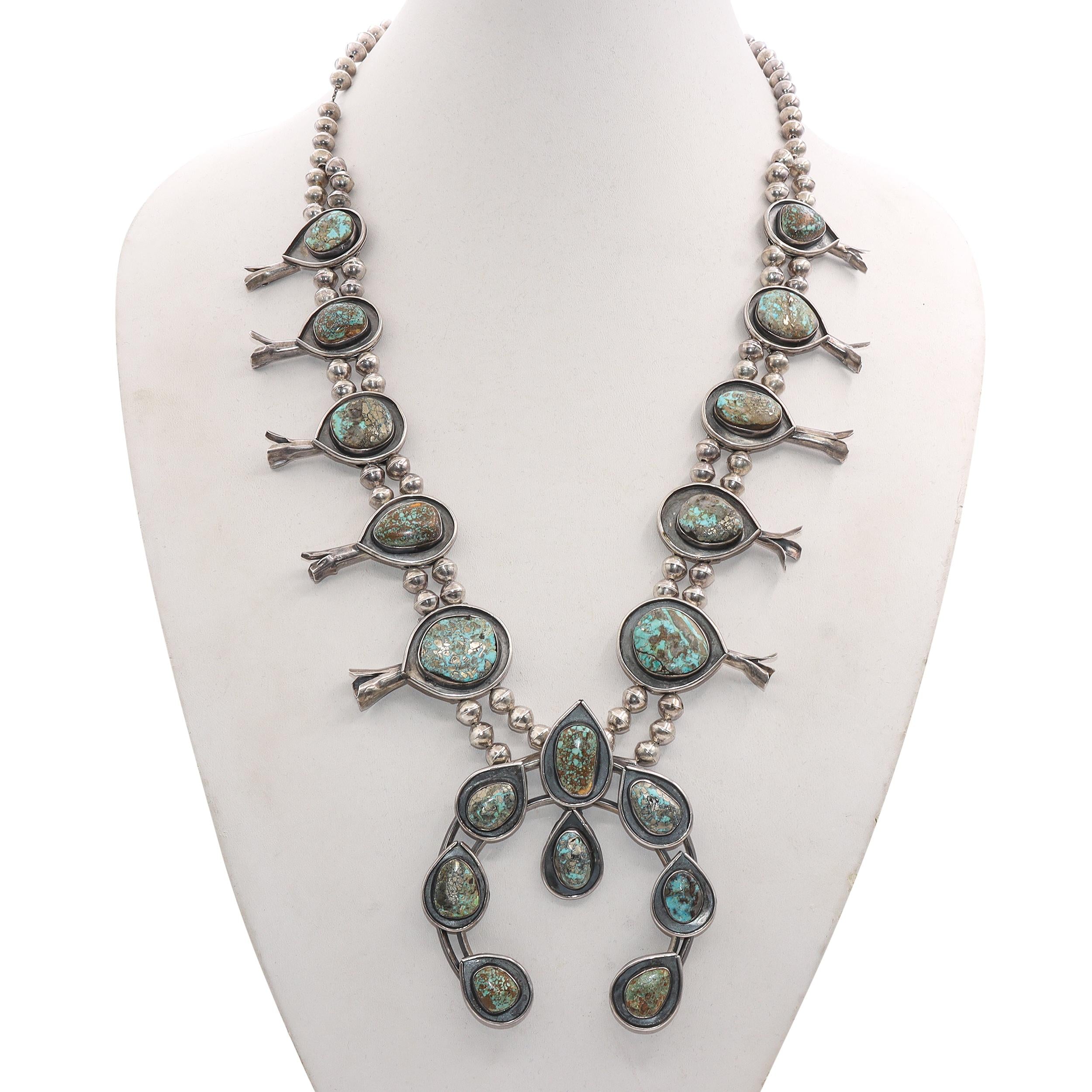 Vintage Navajo Southwestern Sterling Silver Turquoise Squash Blossom Necklace