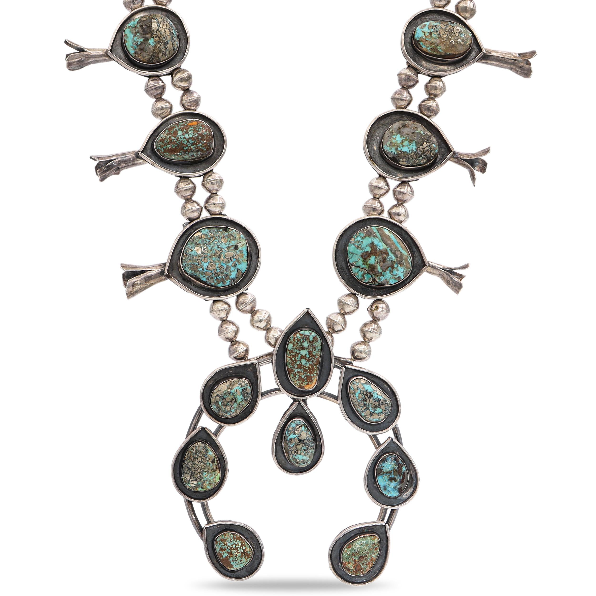 Vintage Navajo Southwestern Sterling Silver Turquoise Squash Blossom Necklace