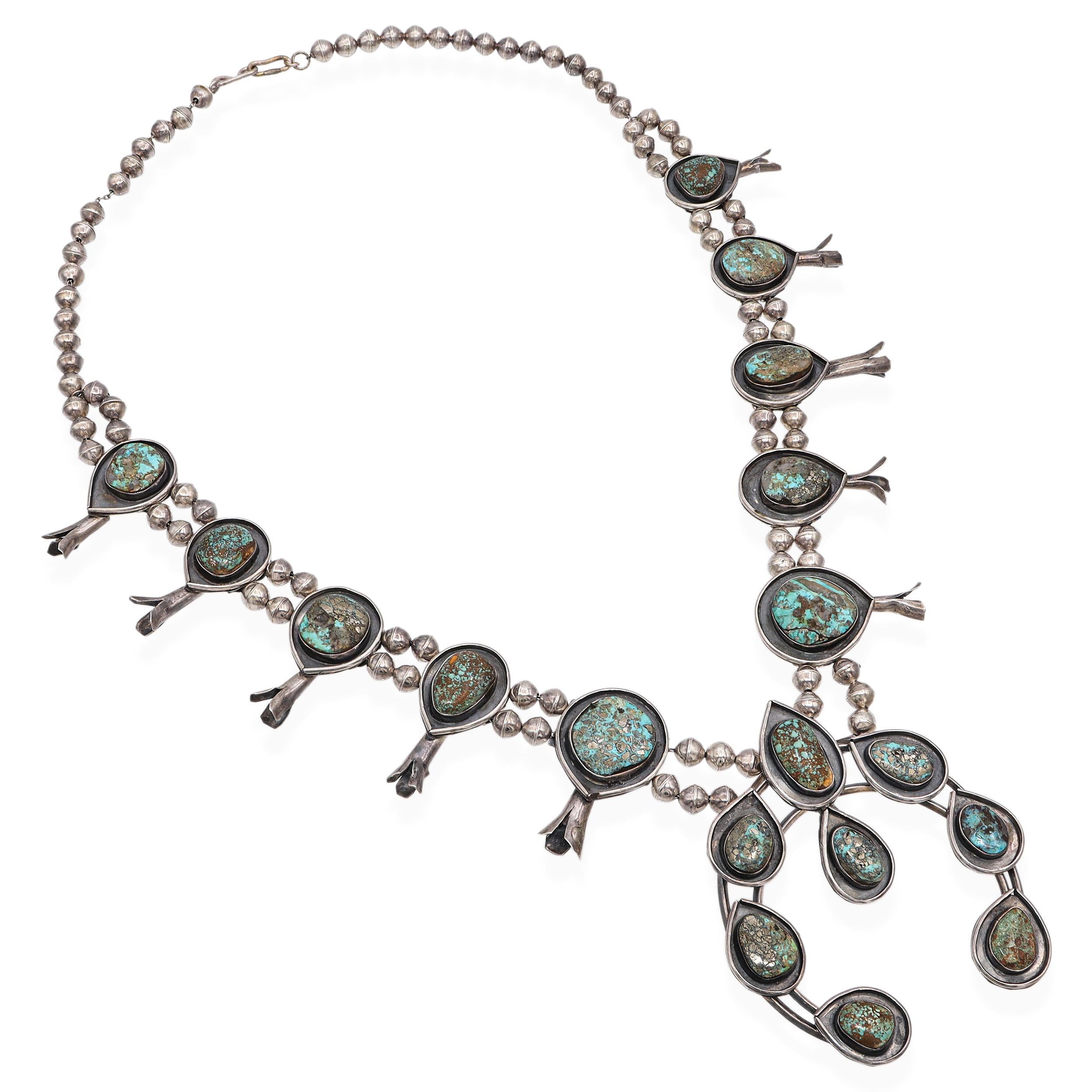 Vintage Navajo Southwestern Sterling Silver Turquoise Squash Blossom Necklace