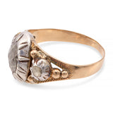 Antique Silver Topped Gold Rose Cut Oval Diamond Three Stone Ring