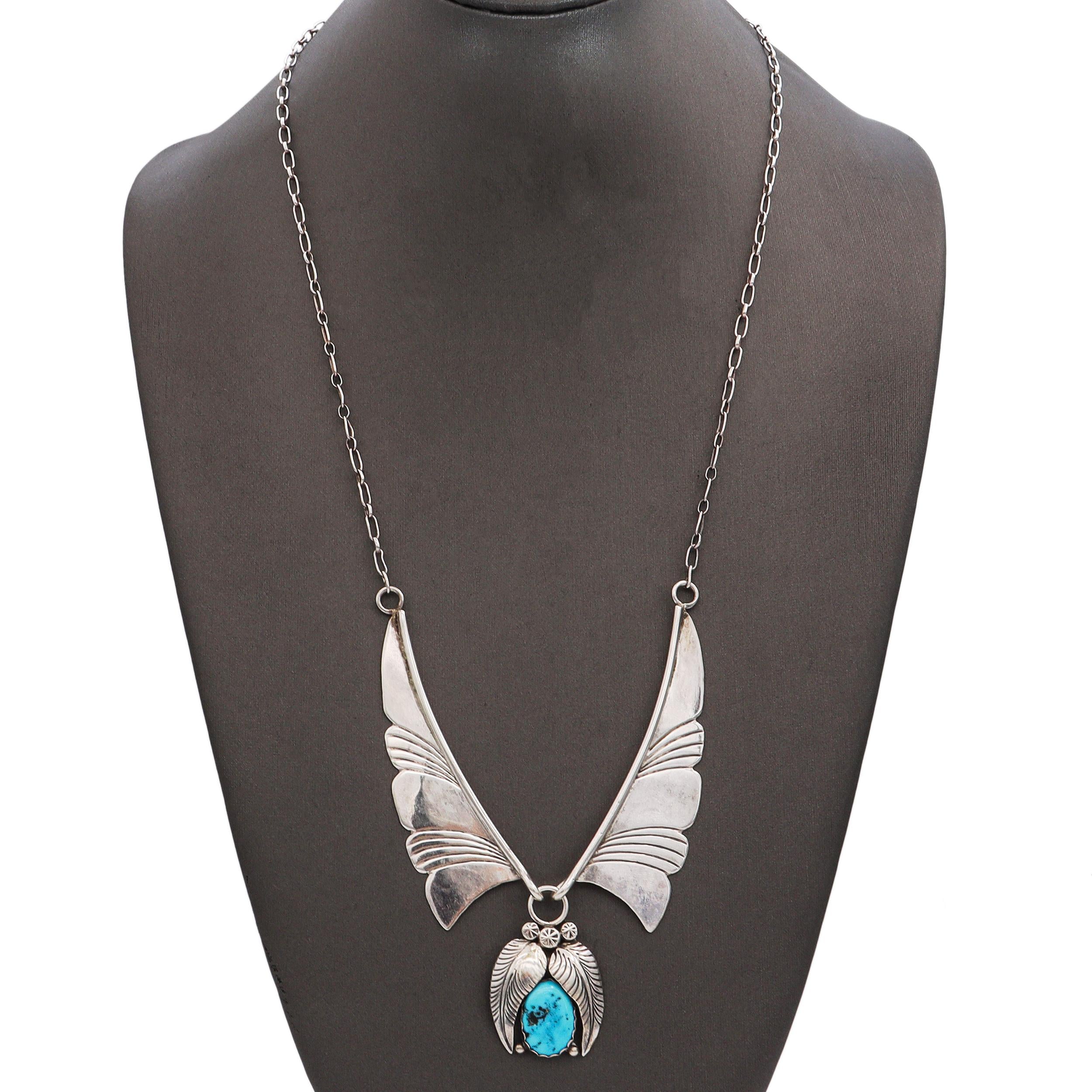 Vintage Navajo Southwestern Sterling Silver and Turquoise Feather Necklace