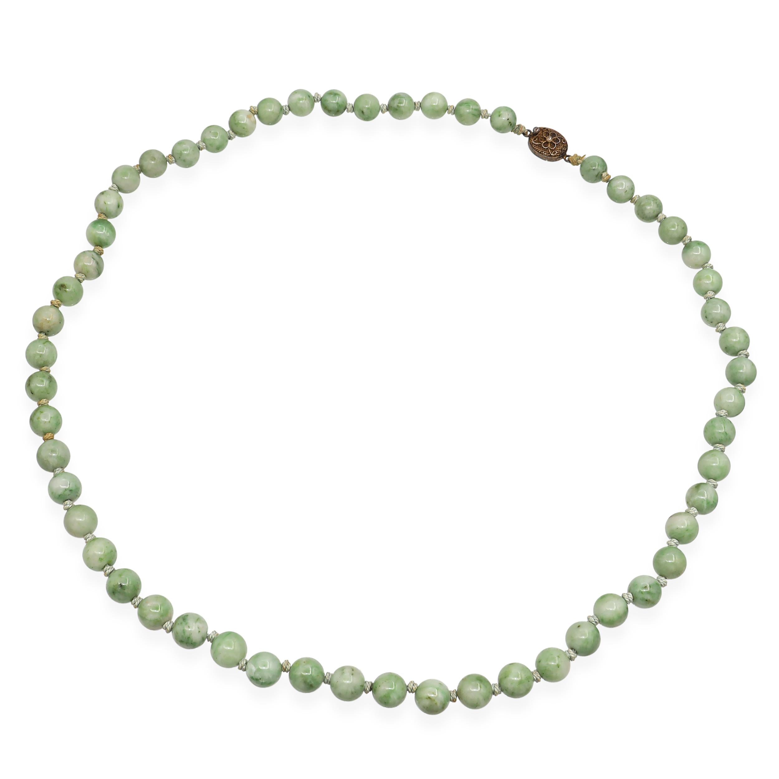 Vintage Jadeite Bead With Silver Floral Clasp Necklace