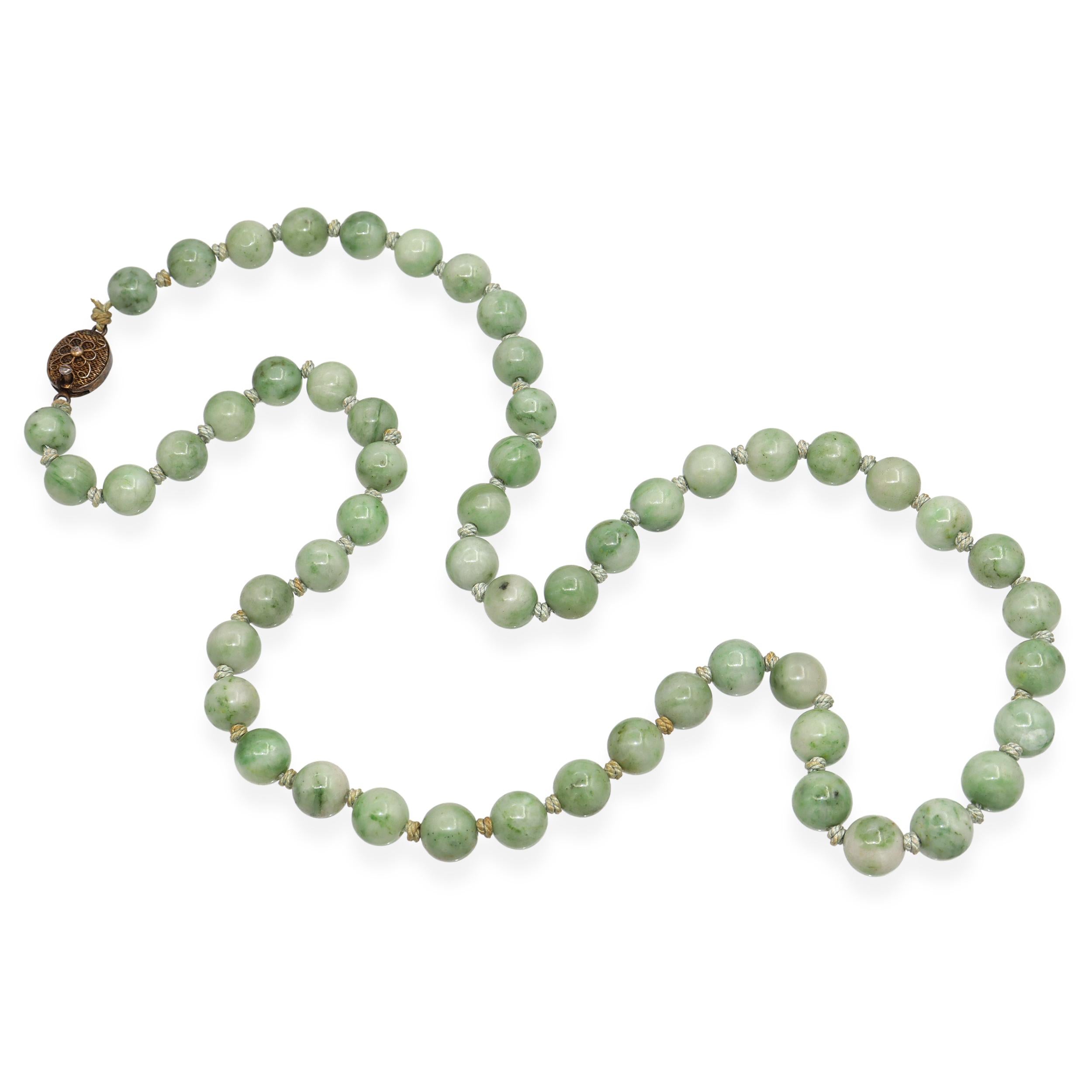 Vintage Jadeite Bead With Silver Floral Clasp Necklace