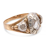 Antique Silver Topped Gold Rose Cut Oval Diamond Three Stone Ring