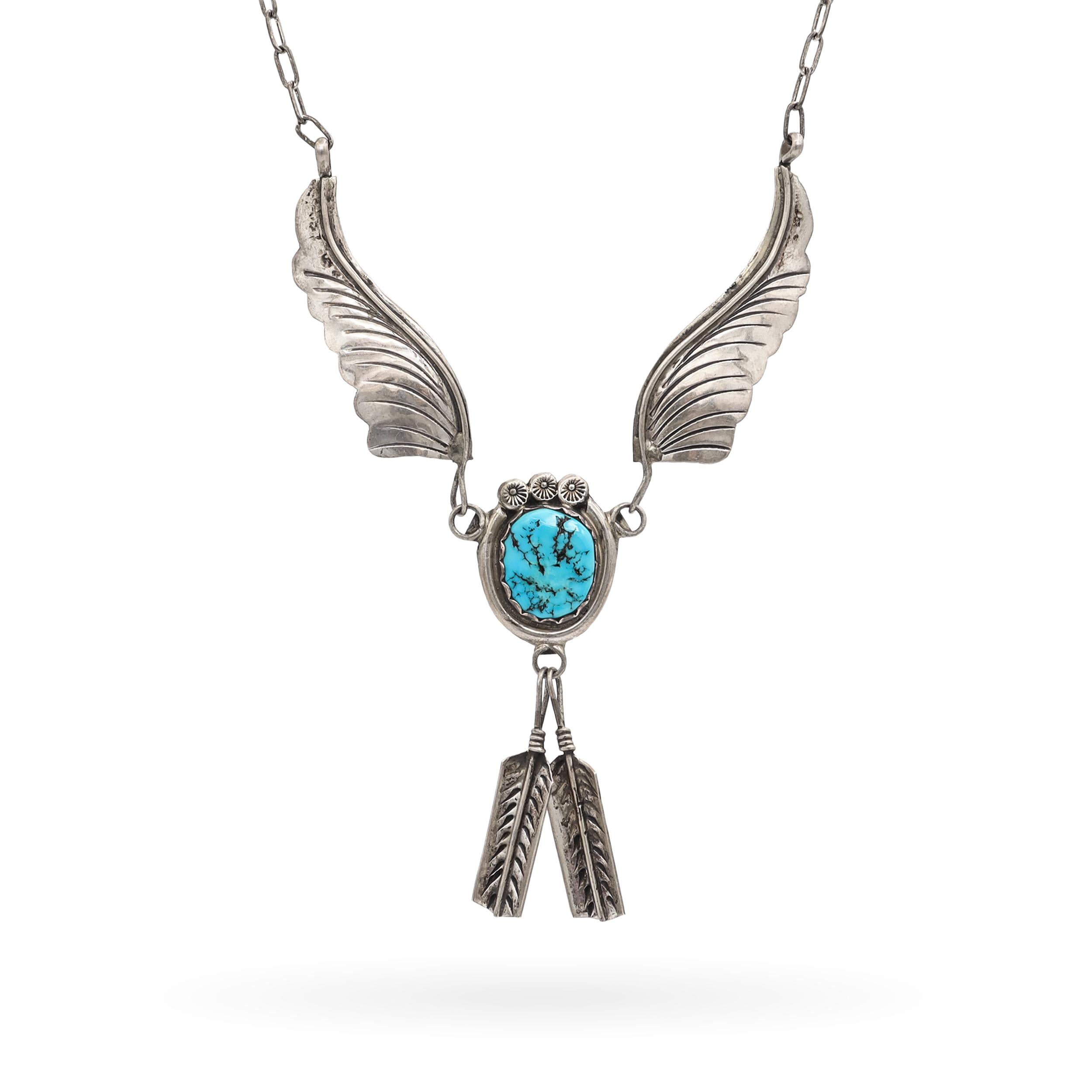 Vintage Arnold Maloney Navajo Sterling Silver Wing and Turquoise Drop Necklace