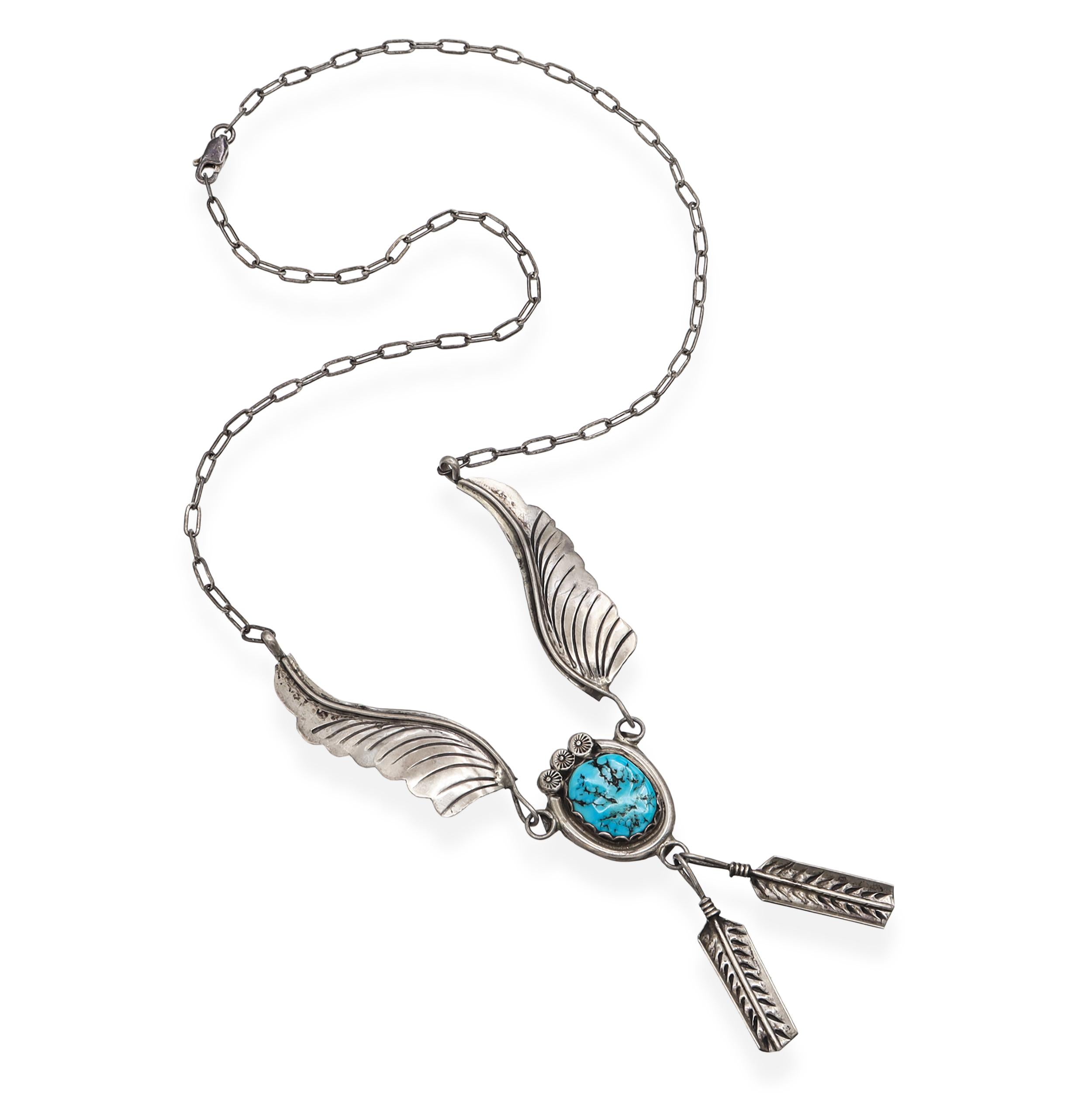 Vintage Arnold Maloney Navajo Sterling Silver Wing and Turquoise Drop Necklace