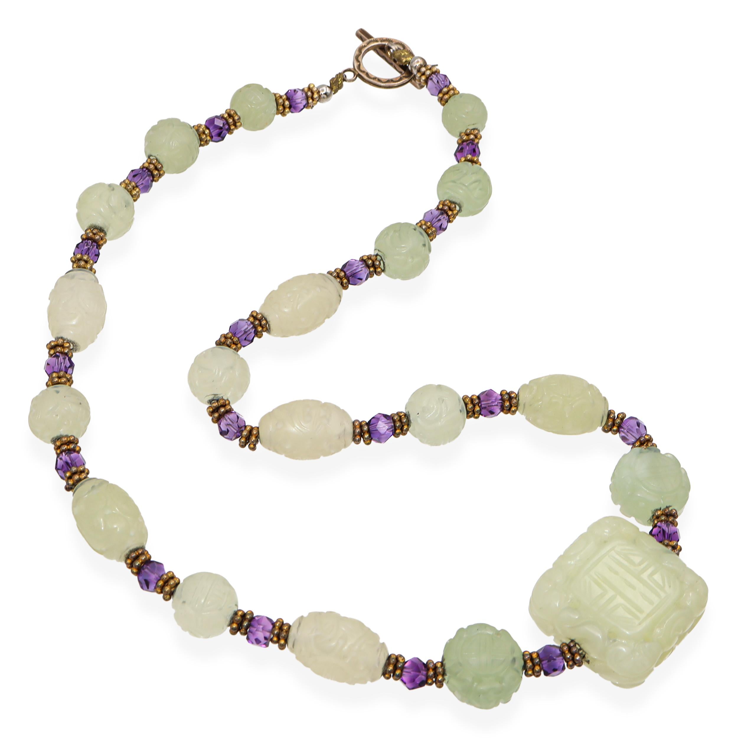 Vintage Carved Jadeite and Faceted Amethyst Bead Necklace