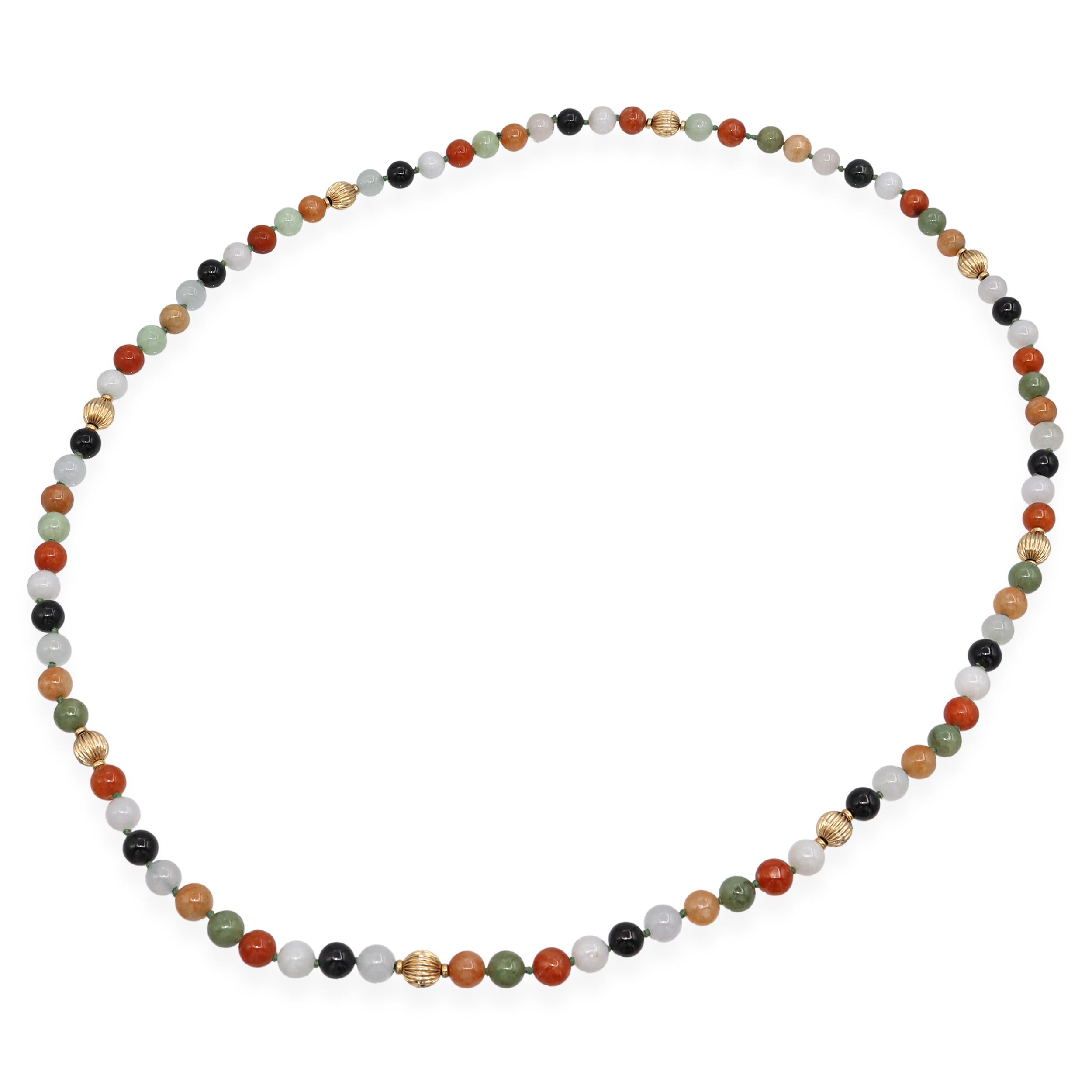 Vintage 14k Yellow Gold Jadeite & Onyx Beaded Necklace