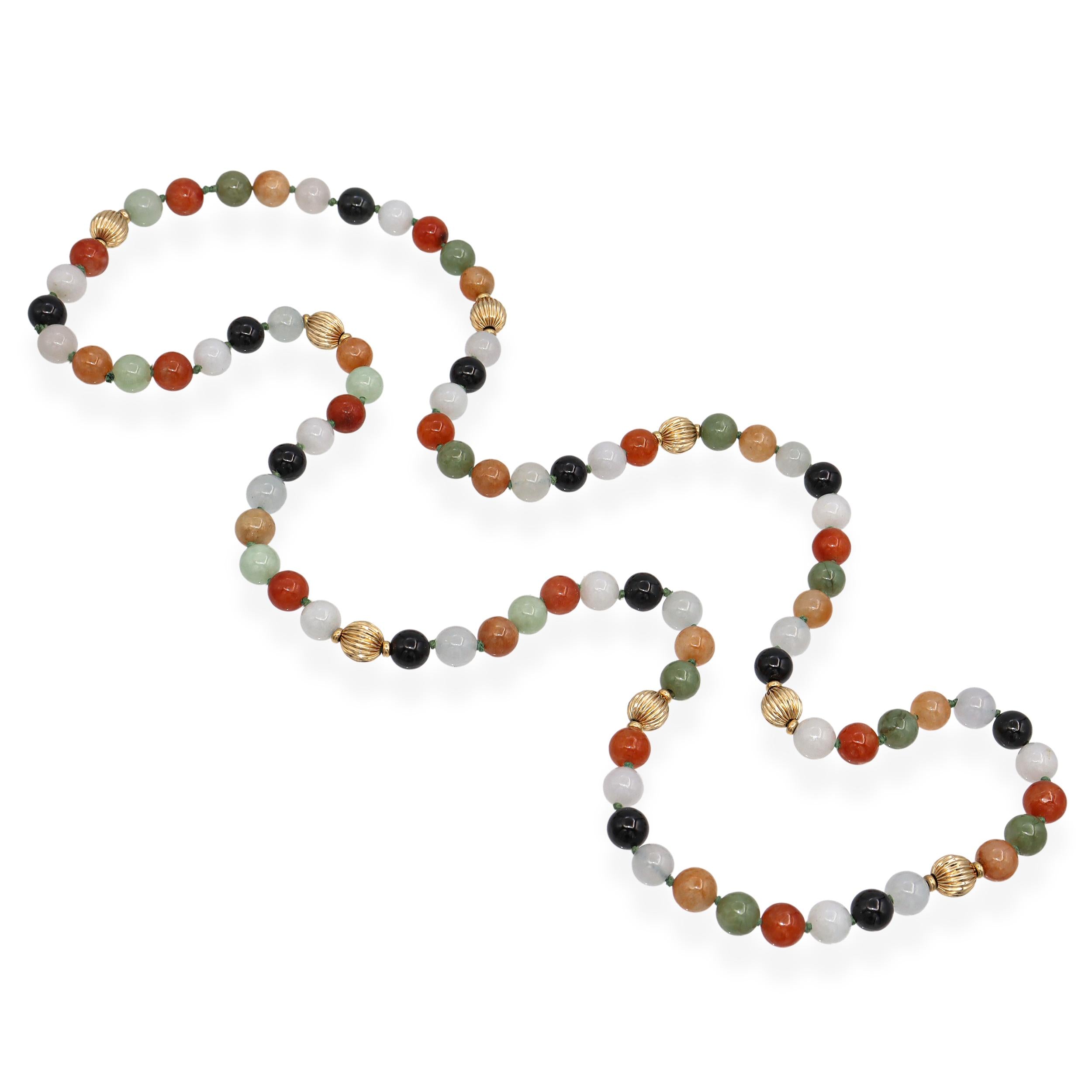 Vintage 14k Yellow Gold Jadeite & Onyx Beaded Necklace