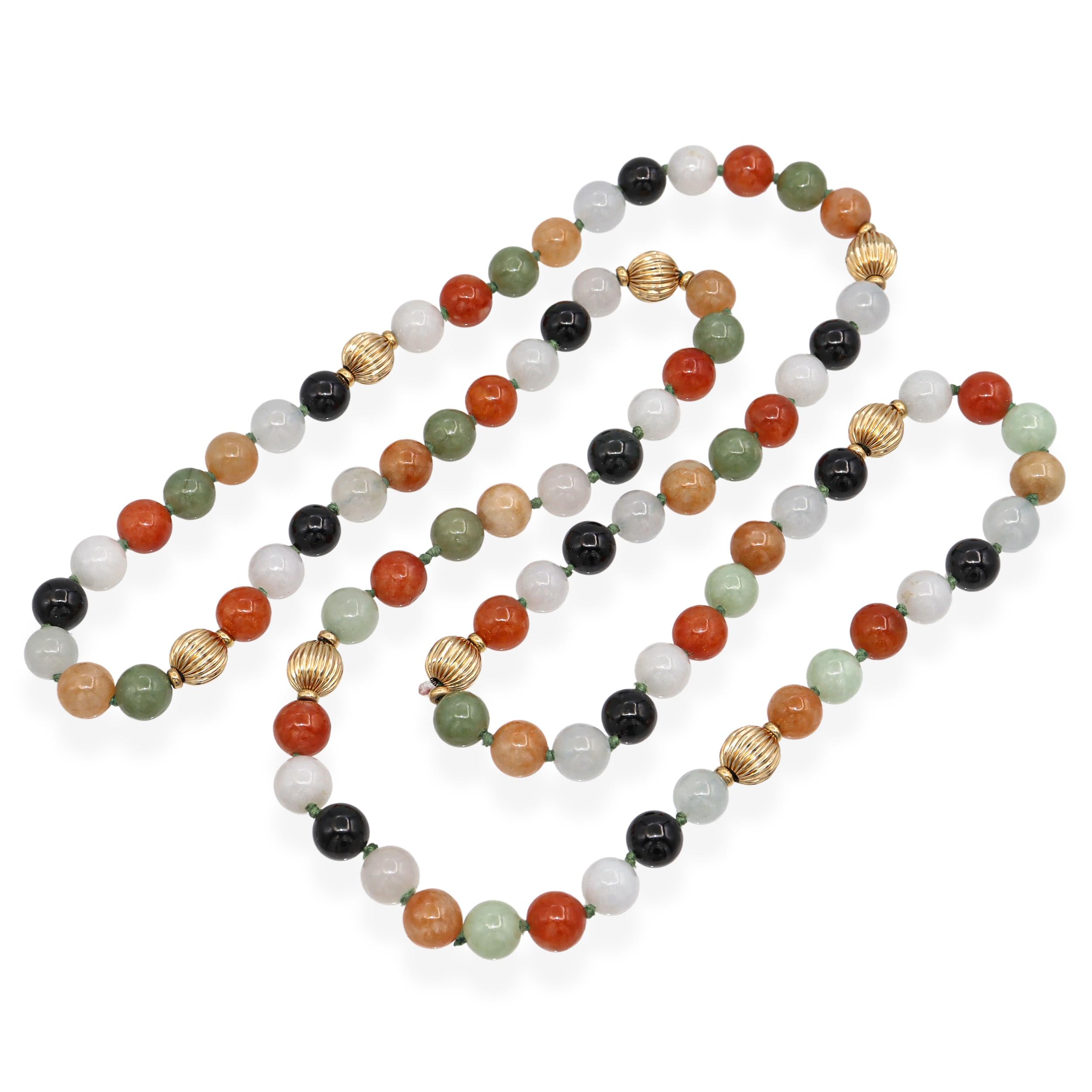 Vintage 14k Yellow Gold Jadeite & Onyx Beaded Necklace