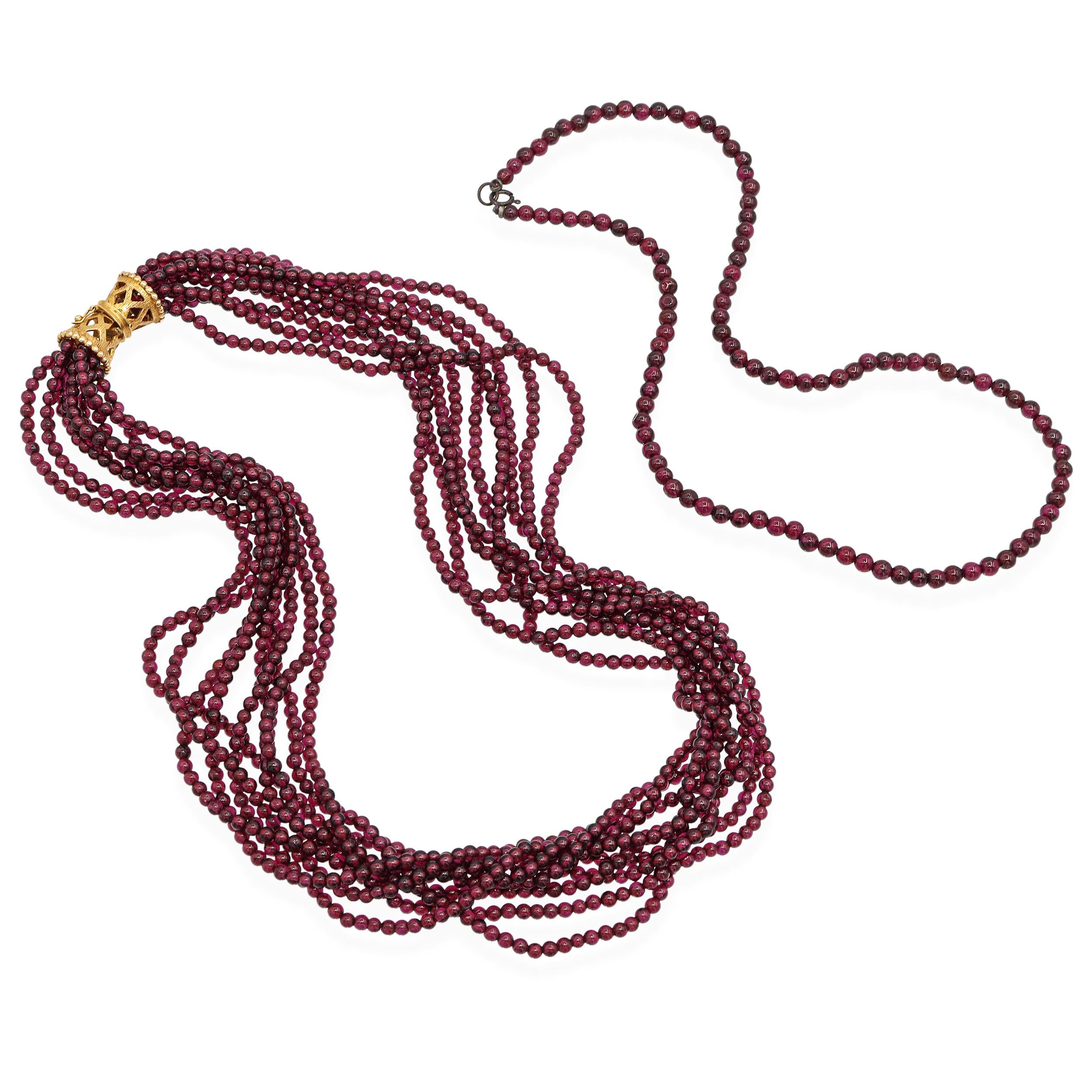 Vintage 14K Gold Garnet Multi-Strand and Single Strand Beaded Necklace Set