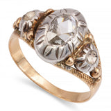 Antique Silver Topped Gold Rose Cut Oval Diamond Three Stone Ring