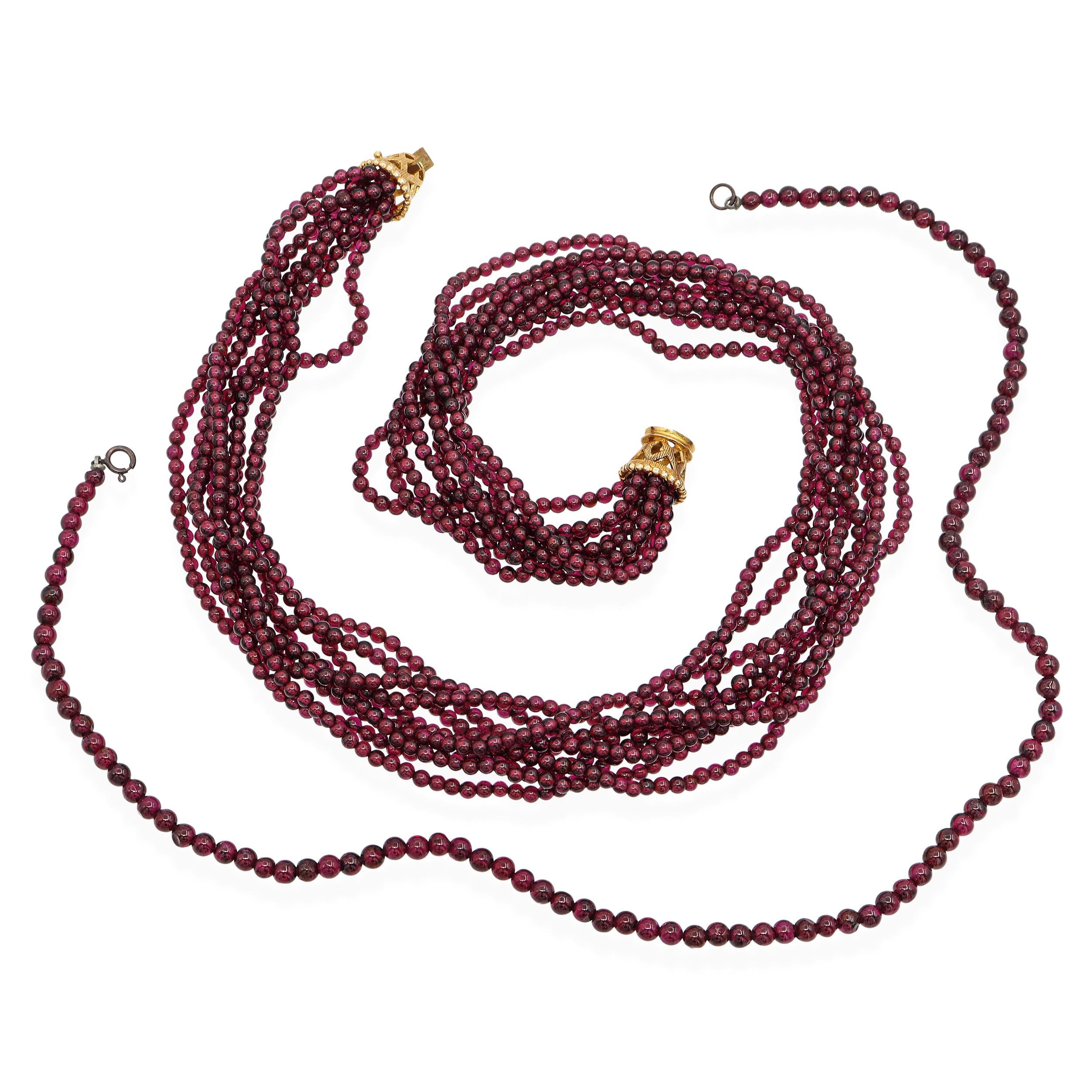 Vintage 14K Gold Garnet Multi-Strand and Single Strand Beaded Necklace Set