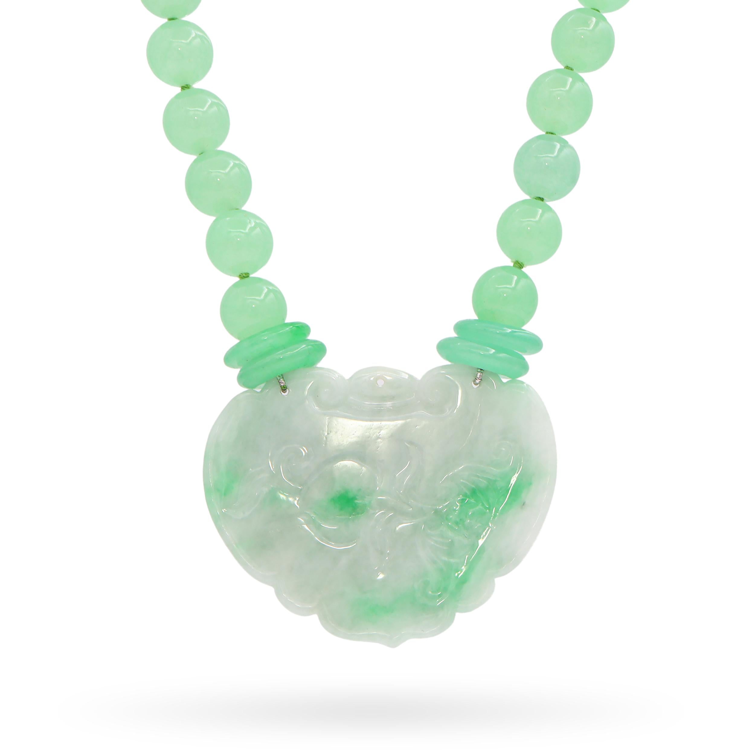 Vintage Carved Jadeite Dragon with Jadeite Beaded Strand Necklace