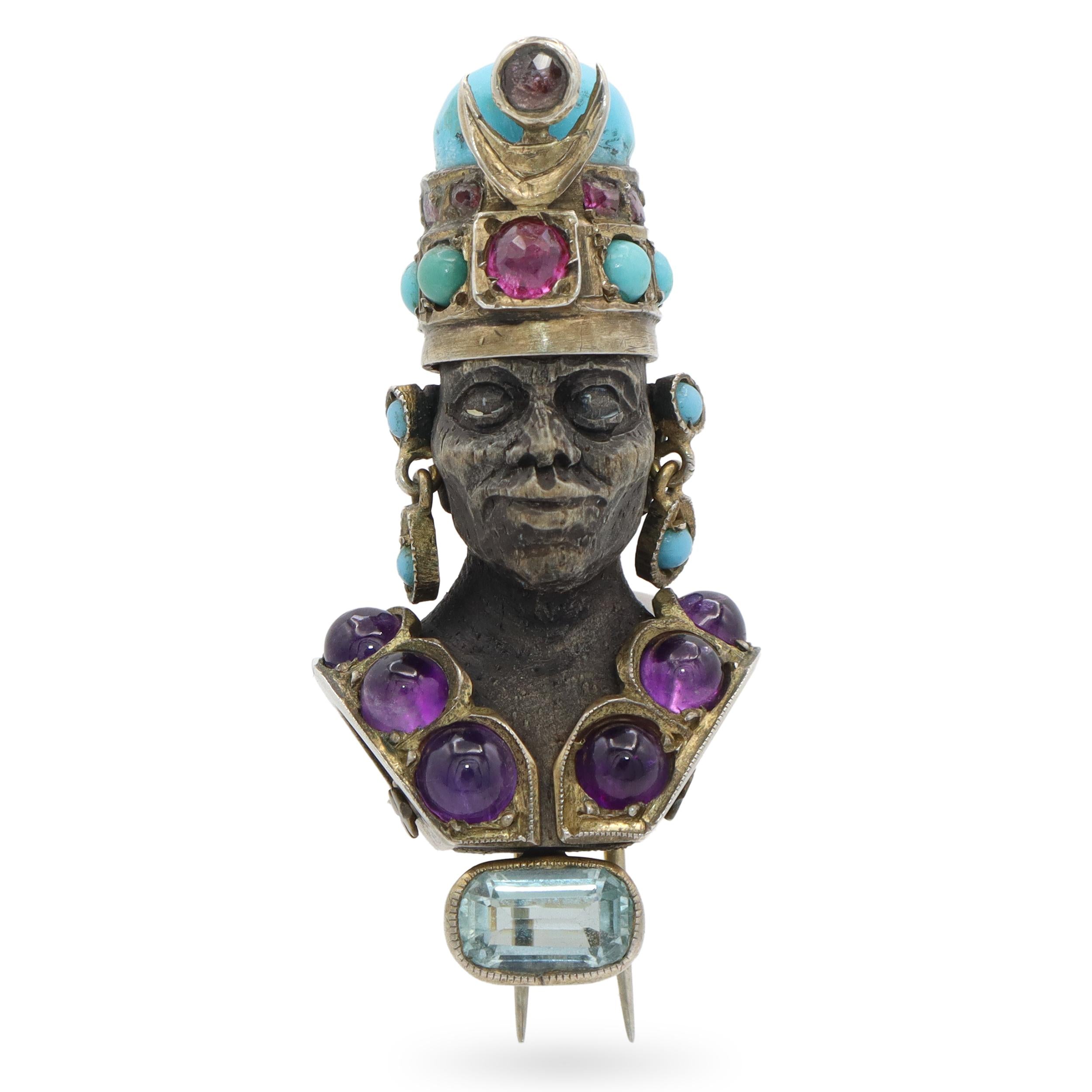 Antique 800 Silver Venetian Black amoor Multigem Adorned Brooch