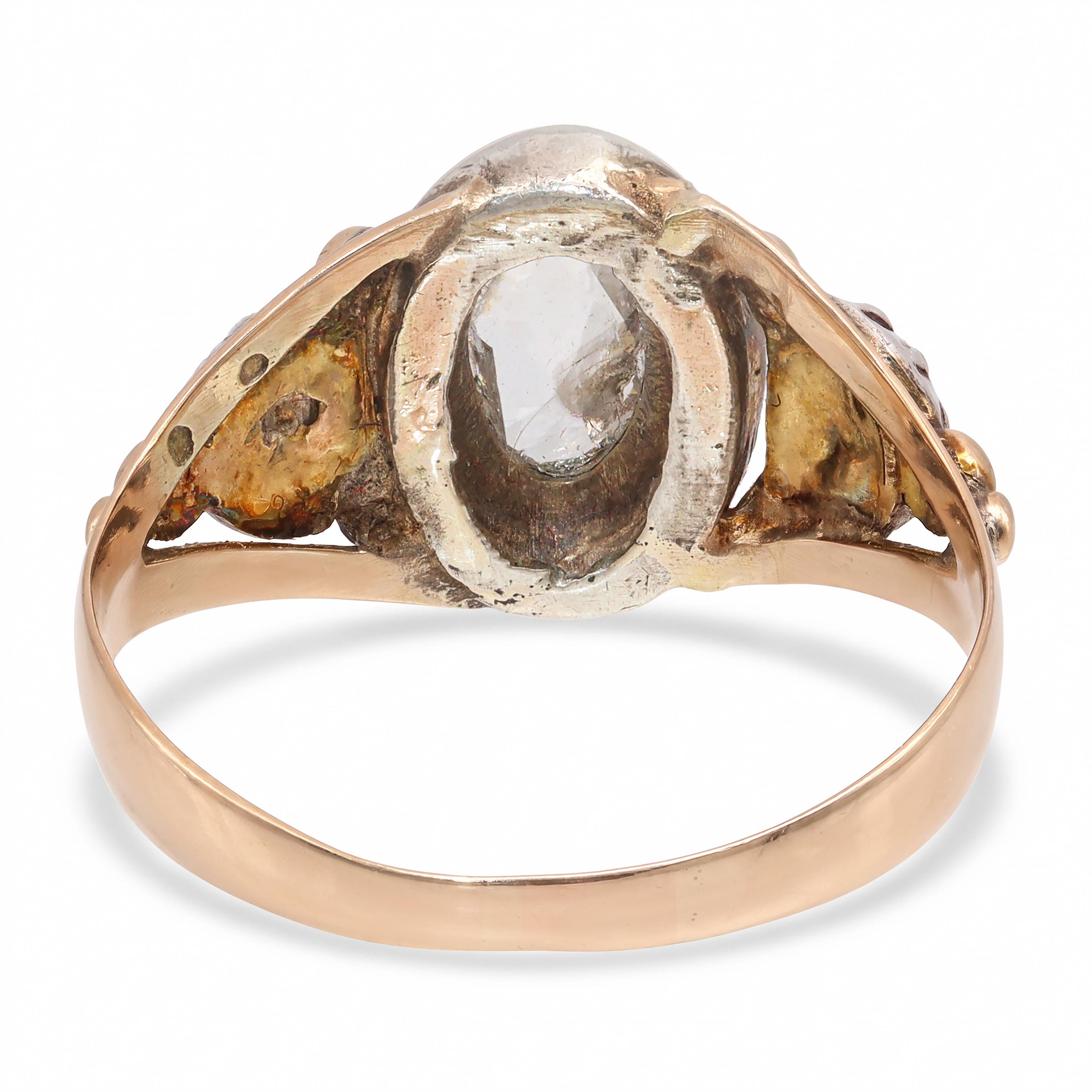 Antique Silver Topped Gold Rose Cut Oval Diamond Three Stone Ring
